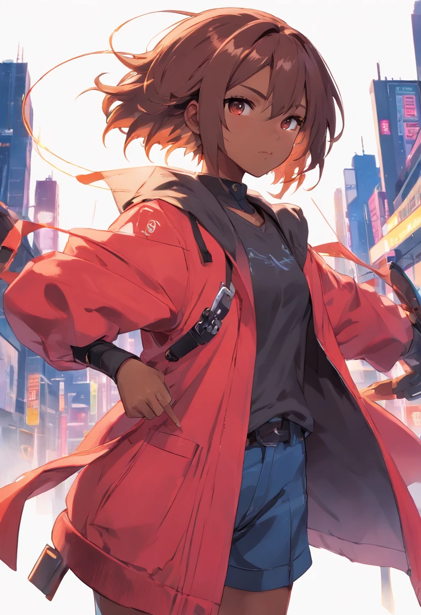 (Master-Teil, best qulaity), Konzeptzeichnung, Full body image of a dark-skinned woman, die eine (big red jacket:1.2) und schwarzes Hemd, Kampf-Pose, Komplizierte Details, chromatische Aberration, (Schwarze Haut:1.2), 1girls, langes lockiges Haar, hellbraunes Haar, Unordentliches Haar, Roboter-Beine, Biomechanik, hair above one eye, Honigaugen, Scharfe Augen, Neon-Shirt, Offener Mantel, big sword, Kybernetische Katana, Dunkle Klinge, JRPG-Stil, Tech-Fantasie, Final Fantasy, Pastellfarben, (Einfacher Hintergrund, white background:1.3)