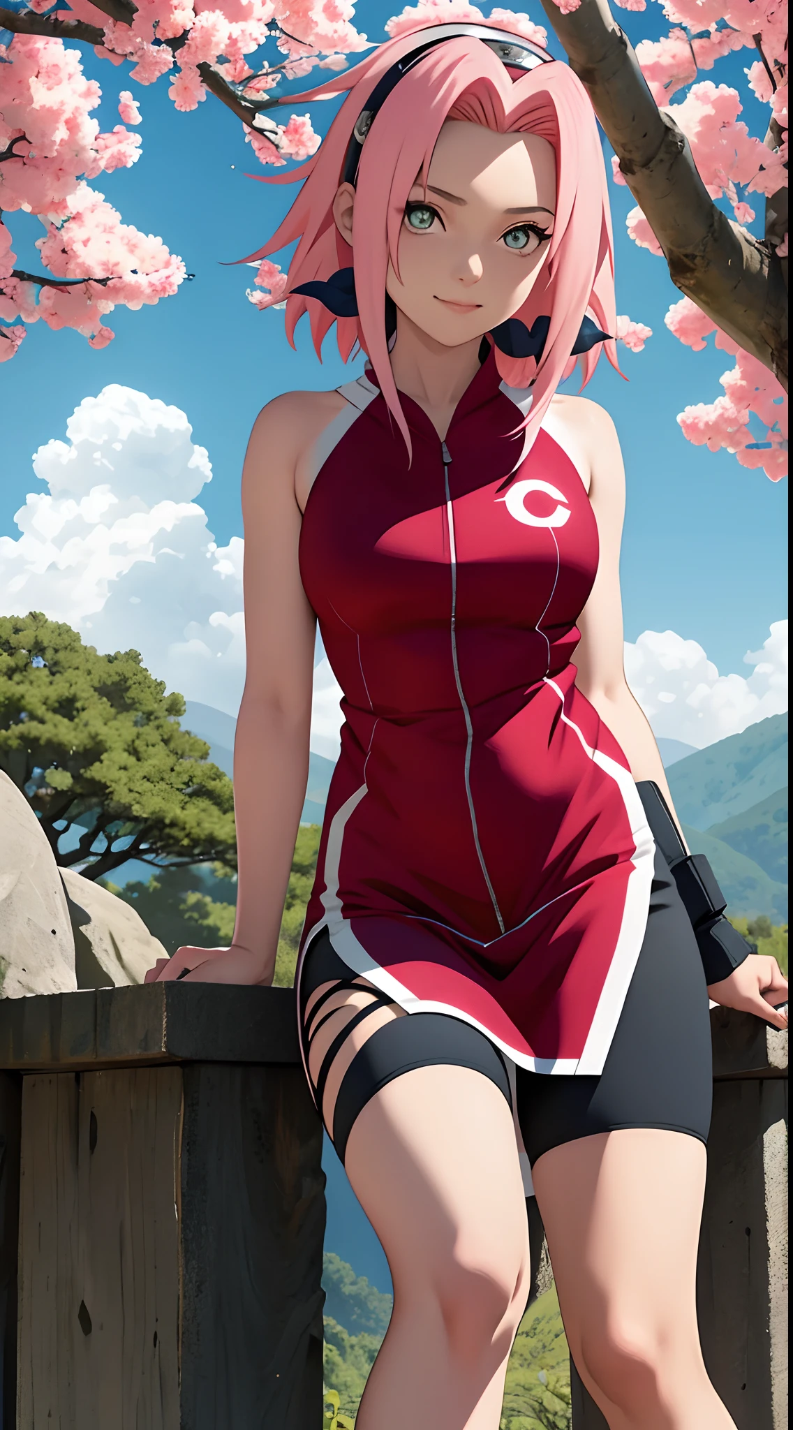 tmasterpiece， Best quality at best， 1girll，Solo， Sakura Haruno， Large breasts，（lower body closeup)，Raised sexy，is shy，with pink hair， long whitr hair， （greene eyes:1.3)， Forehead protection， ssmile， blue-sky， Clouds， Hidden village，long Red clothes，Zipper half, bike black short, Knee positionKicking position