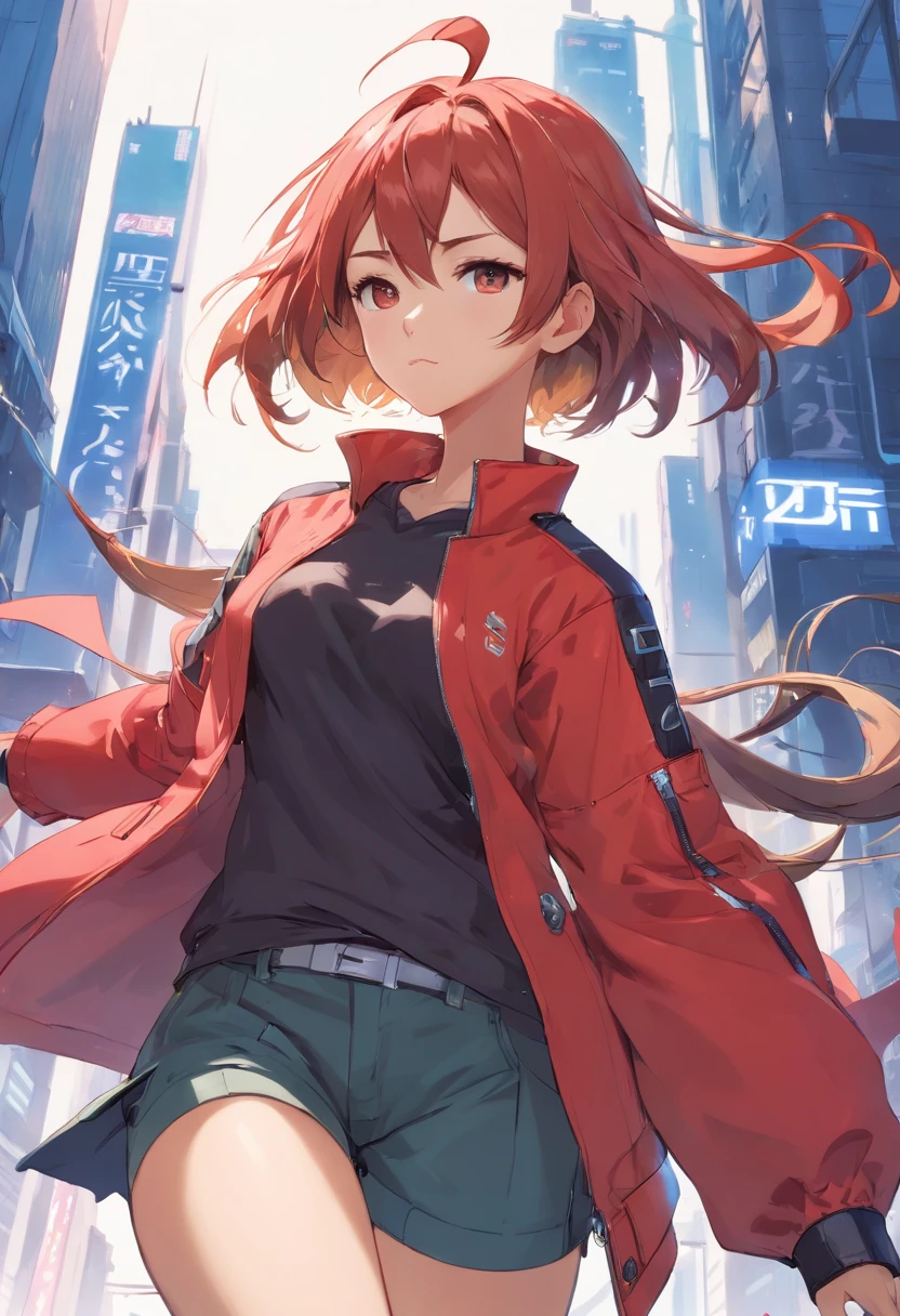 (Master-Teil, best qulaity), Konzeptzeichnung, Full body image of a dark-skinned woman, die eine (big red jacket:1.2) und schwarzes Hemd, Kampf-Pose, Komplizierte Details, chromatische Aberration, (Schwarze Haut:1.2), 1girls, langes lockiges Haar, hellbraunes Haar, Unordentliches Haar, Roboter-Beine, Biomechanik, hair above one eye, Honigaugen, Scharfe Augen, Neon-Shirt, Offener Mantel, big sword, Kybernetische Katana, Dunkle Klinge, JRPG-Stil, Tech-Fantasie, Final Fantasy, Pastellfarben, (Einfacher Hintergrund, white background:1.3)