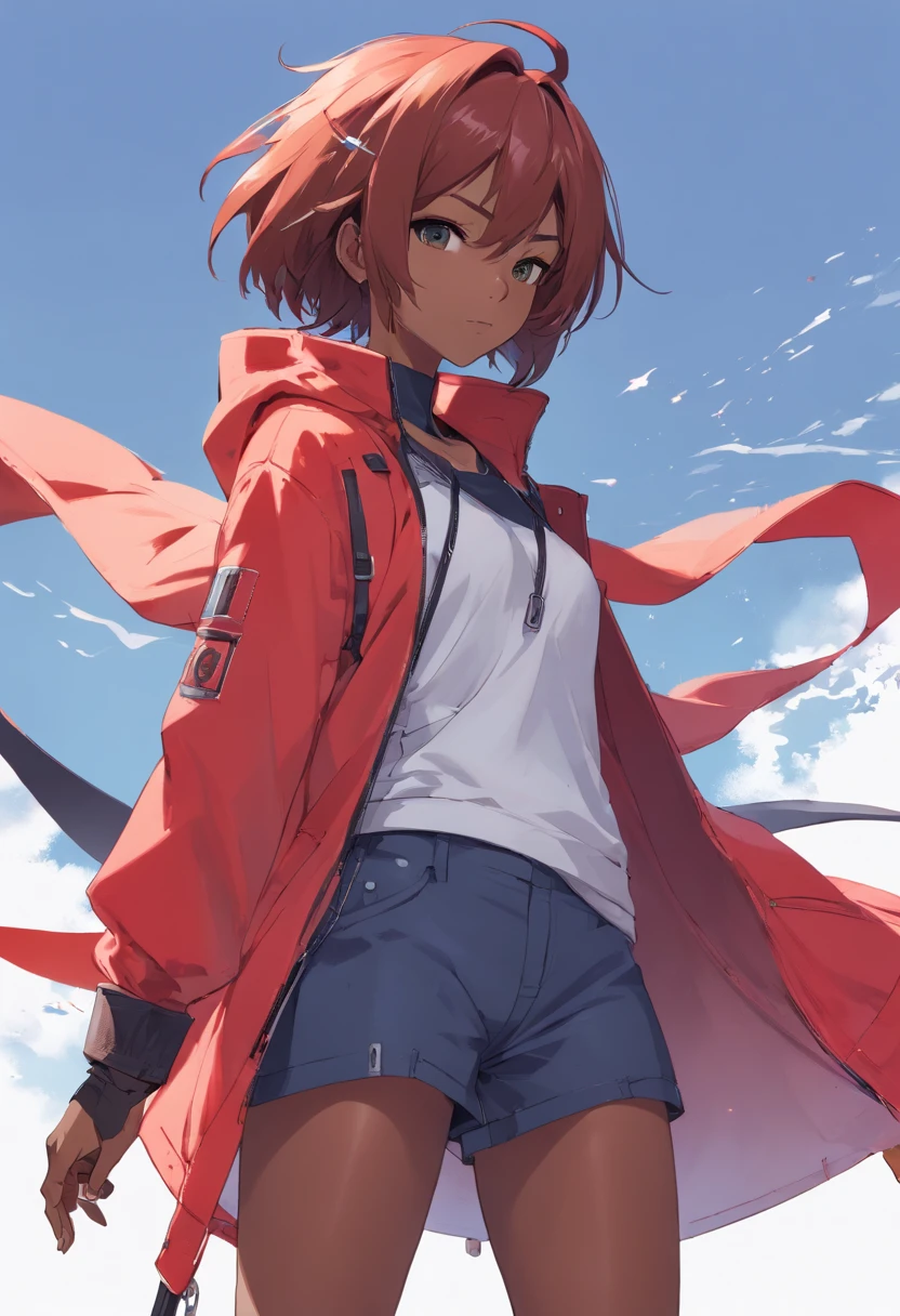 (Master-Teil, best qulaity), Konzeptzeichnung, Full body image of a dark-skinned woman, die eine (big red jacket:1.2) und schwarzes Hemd, Kampf-Pose, Komplizierte Details, chromatische Aberration, (Schwarze Haut:1.2), 1girls, langes lockiges Haar, hellbraunes Haar, Unordentliches Haar, Roboter-Beine, Biomechanik, hair above one eye, Honigaugen, Scharfe Augen, Neon-Shirt, Offener Mantel, big sword, Kybernetische Katana, Dunkle Klinge, JRPG-Stil, Tech-Fantasie, Final Fantasy, Pastellfarben, (Einfacher Hintergrund, white background:1.3)