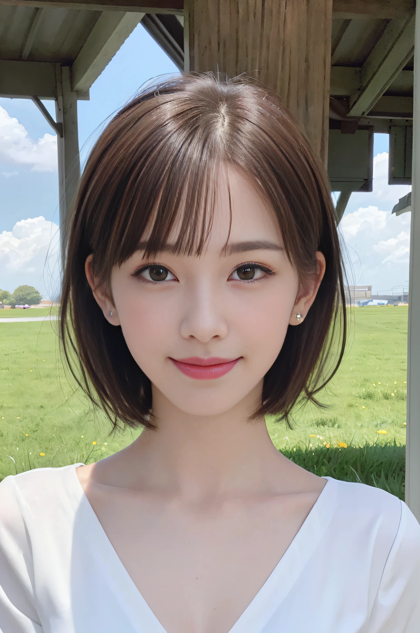 ​masterpiece、top-quality、超A high resolution、(photographrealistic:1.4)、White fair skin:1.4、fullllbody、frombelow、age19、spotless、cute little、A dark-haired、bobhair_cut、short hair with bangs、(A smile、Happiness、Joy、jolly、closes mouth)、(High detailed eyes、long neck、(((short hair with bangs)))、Lashes、Big eyes、((Very beautiful、Very beautiful))、(((Natural Day Light、Put your ears out、gazing at viewer、Entice your audience、Highlights in the eyes)))（blue open sky、white clouds）grass field、