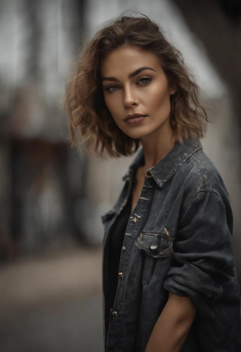 hyper realistic, Masterpiece, Best Quality, ((Lauren Gray, The face of Olivia Dunn)) 1girl, 独奏, crop-top, denim ((tight miniskirt)), Choker, (graffiti:1.5), paint splatter, Hands Behind Your Back, Against a wall, looking a viewer, A bracelet, thigh strap, Paint on the body, tilt of head, blonde hair, Gray-blue eyes of the iris, 8K resolution, intricate clothes, intricate details,