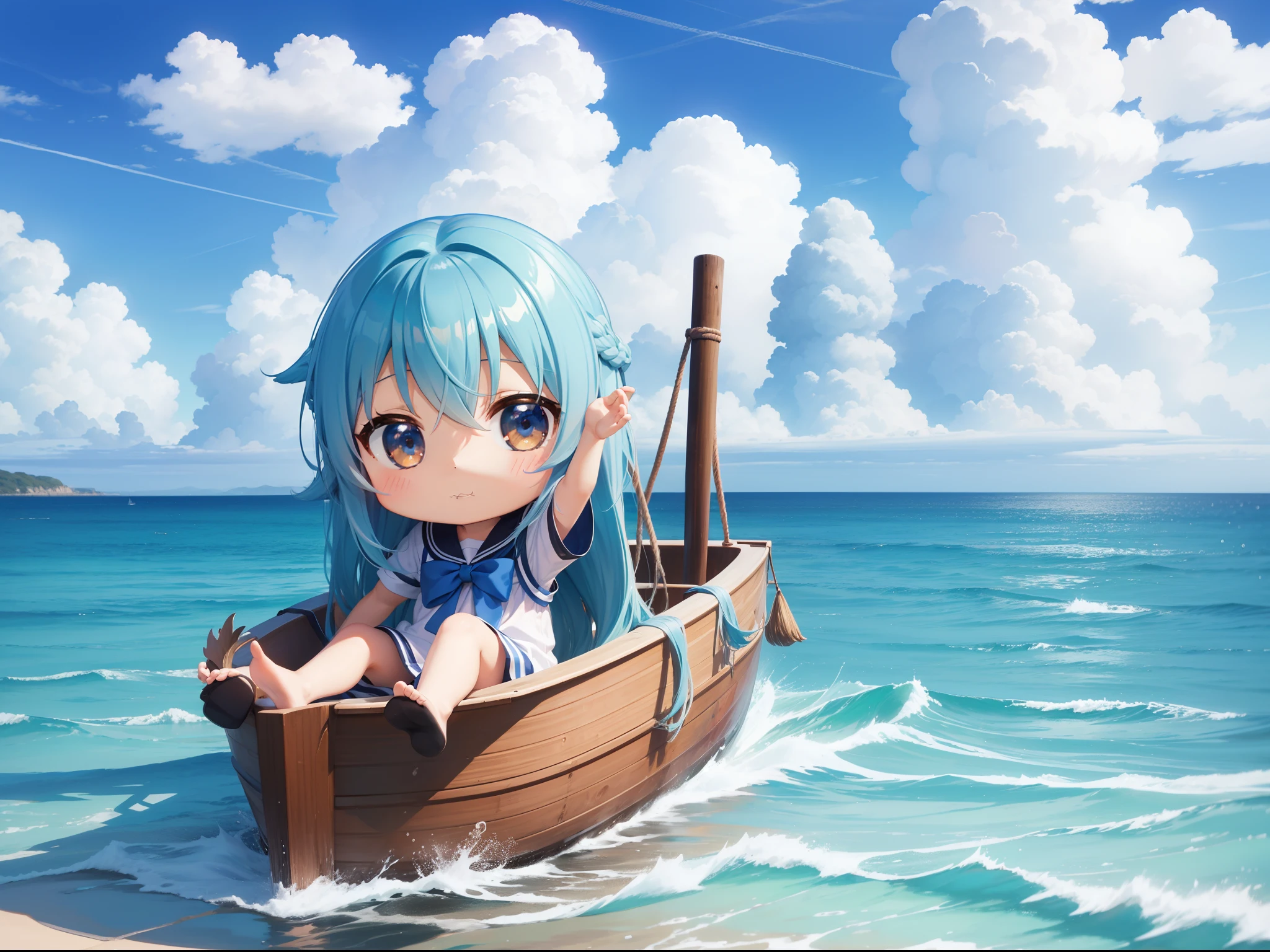 Take a boat on the ocean Chibichara long hair with blue hair((Chibi Chara))、Fluffy、girl with、Chibi Chara、full body Esbian、Pastel colors hair、masutepiece、top-quality、