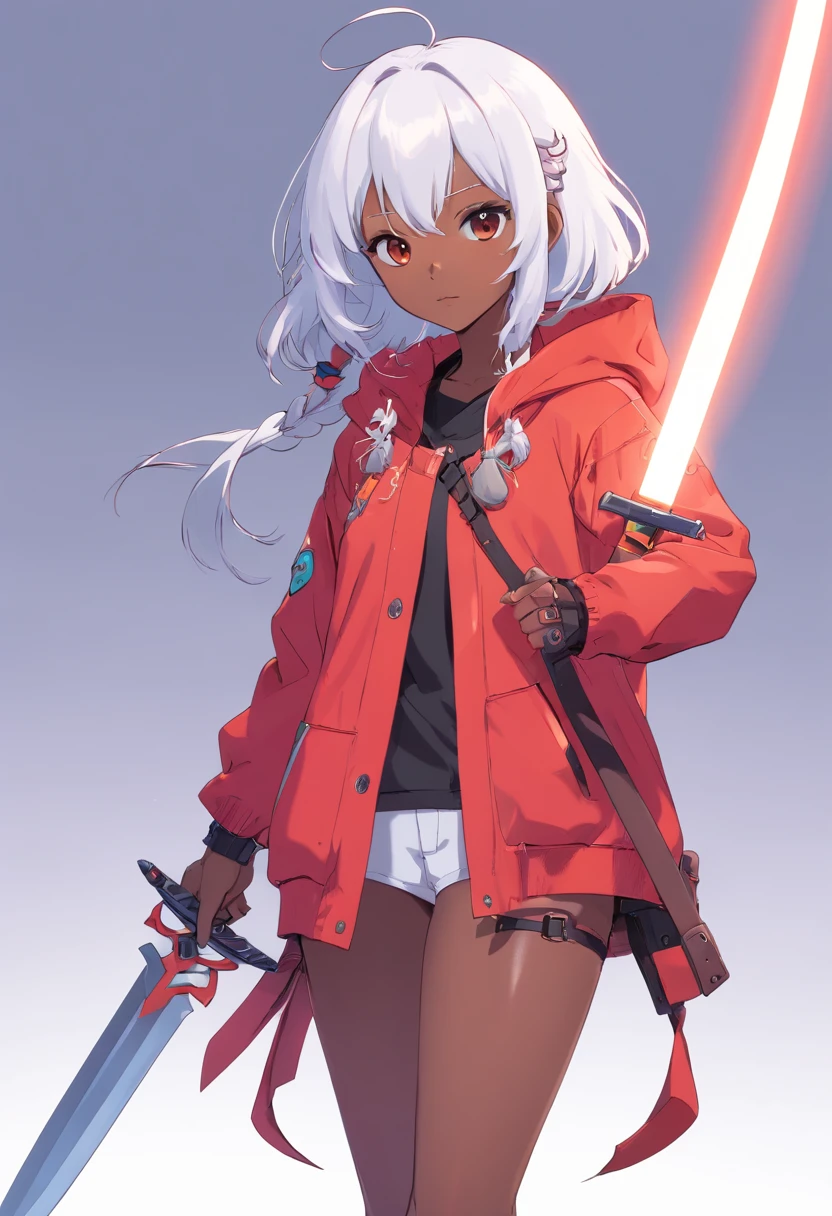 (Master-Teil, best qulaity), Konzeptzeichnung, Full body image of a dark-skinned woman, die eine (big red jacket:1.2) und schwarzes Hemd, Kampf-Pose, Komplizierte Details, chromatische Aberration, (Schwarze Haut:1.2), 1girls, langes lockiges Haar, hellbraunes Haar, Unordentliches Haar, Roboter-Beine, Biomechanik, hair above one eye, Honigaugen, Scharfe Augen, Neon-Shirt, Offener Mantel, big sword, Kybernetische Katana, Dunkle Klinge, JRPG-Stil, Tech-Fantasie, Final Fantasy, Pastellfarben, (Einfacher Hintergrund, white background:1.3)