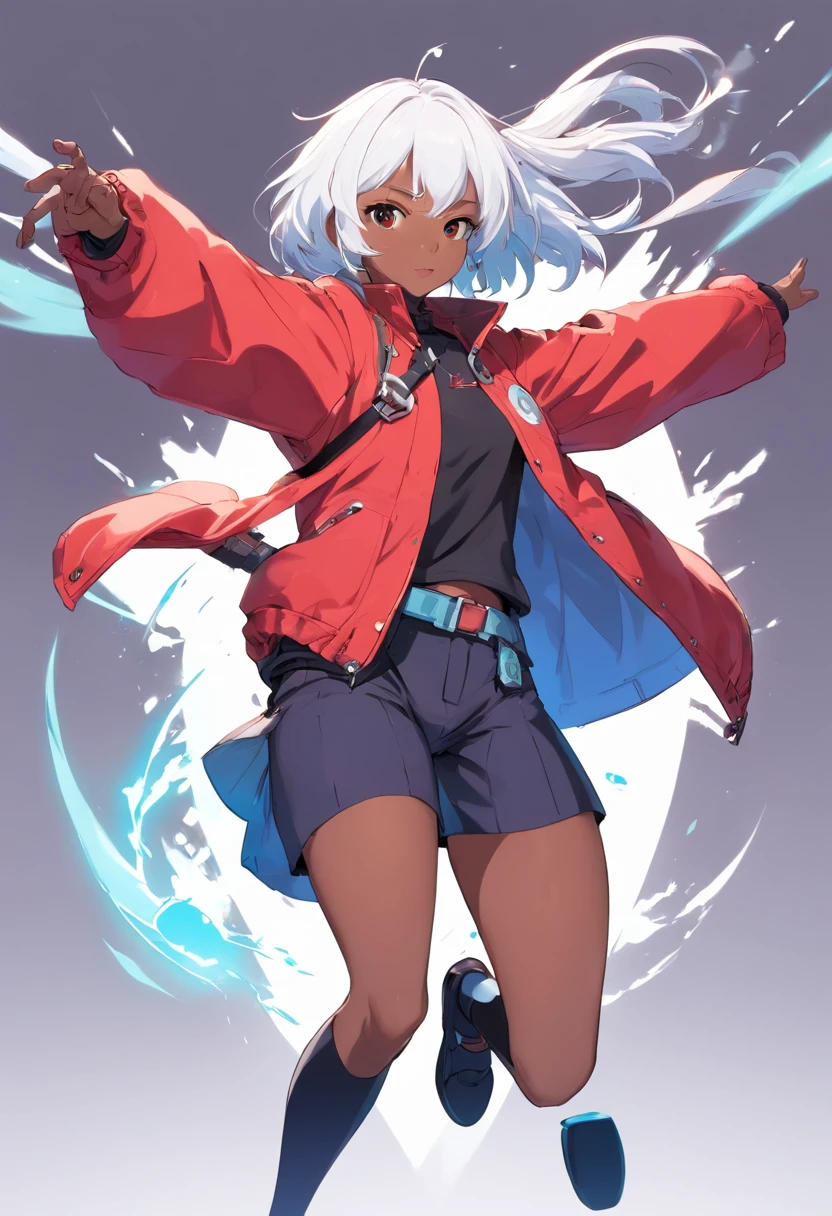 (Master-Teil, best qulaity), Konzeptzeichnung, Full body image of a dark-skinned woman, die eine (big red jacket:1.2) und schwarzes Hemd, Kampf-Pose, Komplizierte Details, chromatische Aberration, (Schwarze Haut:1.2), 1girls, langes lockiges Haar, hellbraunes Haar, Unordentliches Haar, Roboter-Beine, Biomechanik, hair above one eye, Honigaugen, Scharfe Augen, Neon-Shirt, Offener Mantel, big sword, Kybernetische Katana, Dunkle Klinge, JRPG-Stil, Tech-Fantasie, Final Fantasy, Pastellfarben, (Einfacher Hintergrund, white background:1.3)