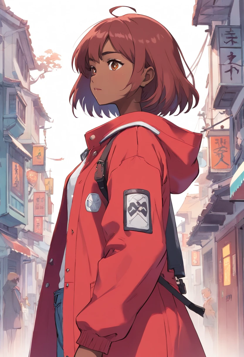 (Master-Teil, best qulaity), Konzeptzeichnung, Full body image of a dark-skinned woman, die eine (big red jacket:1.2) und schwarzes Hemd, Kampf-Pose, Komplizierte Details, chromatische Aberration, (Schwarze Haut:1.2), 1girls, langes lockiges Haar, hellbraunes Haar, Unordentliches Haar, Roboter-Beine, Biomechanik, hair above one eye, Honigaugen, Scharfe Augen, Neon-Shirt, Offener Mantel, big sword, Kybernetische Katana, Dunkle Klinge, JRPG-Stil, Tech-Fantasie, Final Fantasy, Pastellfarben, (Einfacher Hintergrund, white background:1.3)