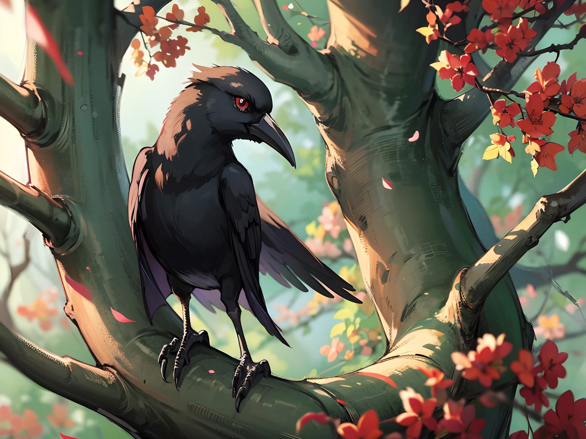 crow in a tree, anime art, aesthetic anime, shadows, lighting, 4K, masterpiece. --auto --s2