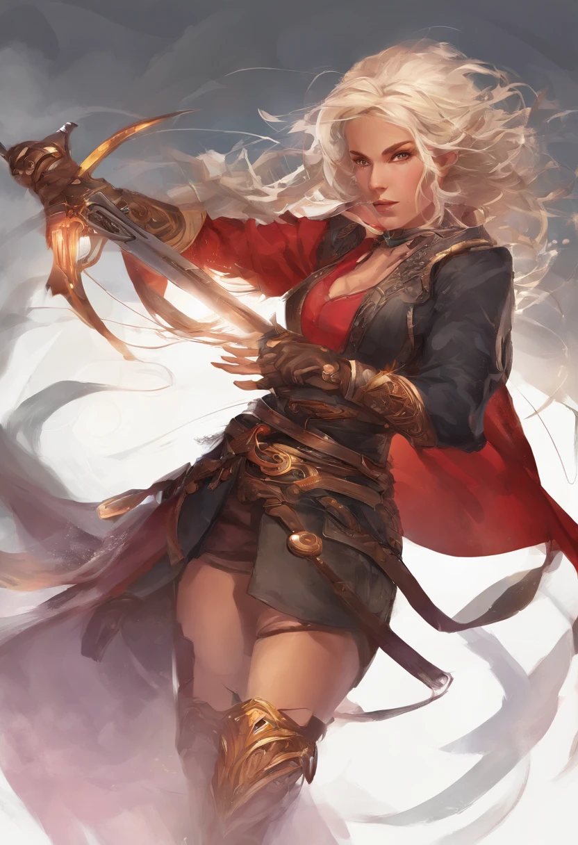 (Master-Teil, best qulaity), Konzeptzeichnung, Full body image of a dark-skinned woman, die eine (big red jacket:1.2) und schwarzes Hemd, Kampf-Pose, Komplizierte Details, chromatische Aberration, (Schwarze Haut:1.2), 1girls, langes lockiges Haar, hellbraunes Haar, Unordentliches Haar, Roboter-Beine, Biomechanik, hair above one eye, Honigaugen, Scharfe Augen, Neon-Shirt, Offener Mantel, big sword, Kybernetische Katana, Dunkle Klinge, JRPG-Stil, Tech-Fantasie, Final Fantasy, Pastellfarben, (Einfacher Hintergrund, white background:1.3)