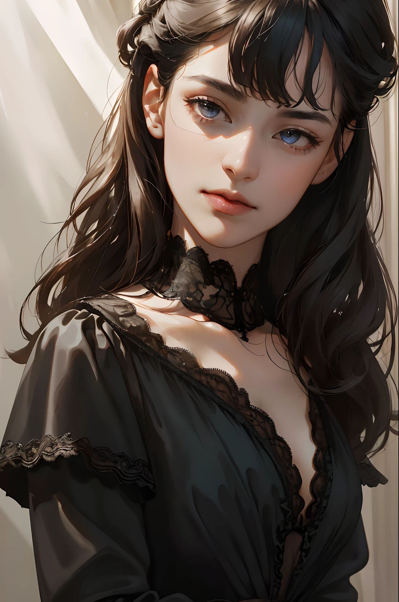 (masterpiece, best quality, high resolution:1.4),(Raw photography, top-quality, masterpiece, extremely delicate and beautiful, ighly detailed, nffsw, Unity, 8K Picture Wallpaper, amazingly detail, detaile, masterpiece, top-quality, Official art, Highly detailed ticker Unity 8k wallpaper, ultra-detailliert, hight resolution, ighly detailed, Clair, Focus,)(top-quality), (realisitic, Photorealsitic:1.5), (8K, Soft lighting, hightquality, lighting like a movie), 1girl, noble, beautiful, skin pores texture, HD , Photography, movie, cinematic, portrait, Realistic, (8k, RAW photo, best quality, masterpiece:1.2), (realistic, photo-realistic:1.33), best quality, (detailed dark eyes), (black dress), (dark hair),((hair style: French twist)), ((curly bangs)),((curtain bangs)), (), ((A black Victorian-era-style gown adorned with intricate lace and exquisite ornate details and embellishments)),(long sleeves), (beautiful), (pretty), portrait,background: Castle), bust up, detailed and realistic portrait of a girl, (fragile), (sunset light), (dim light), (British), (pale), (extremely beautiful ), (cold look), (Caucasian), (cold stare), pride, elegant, noble