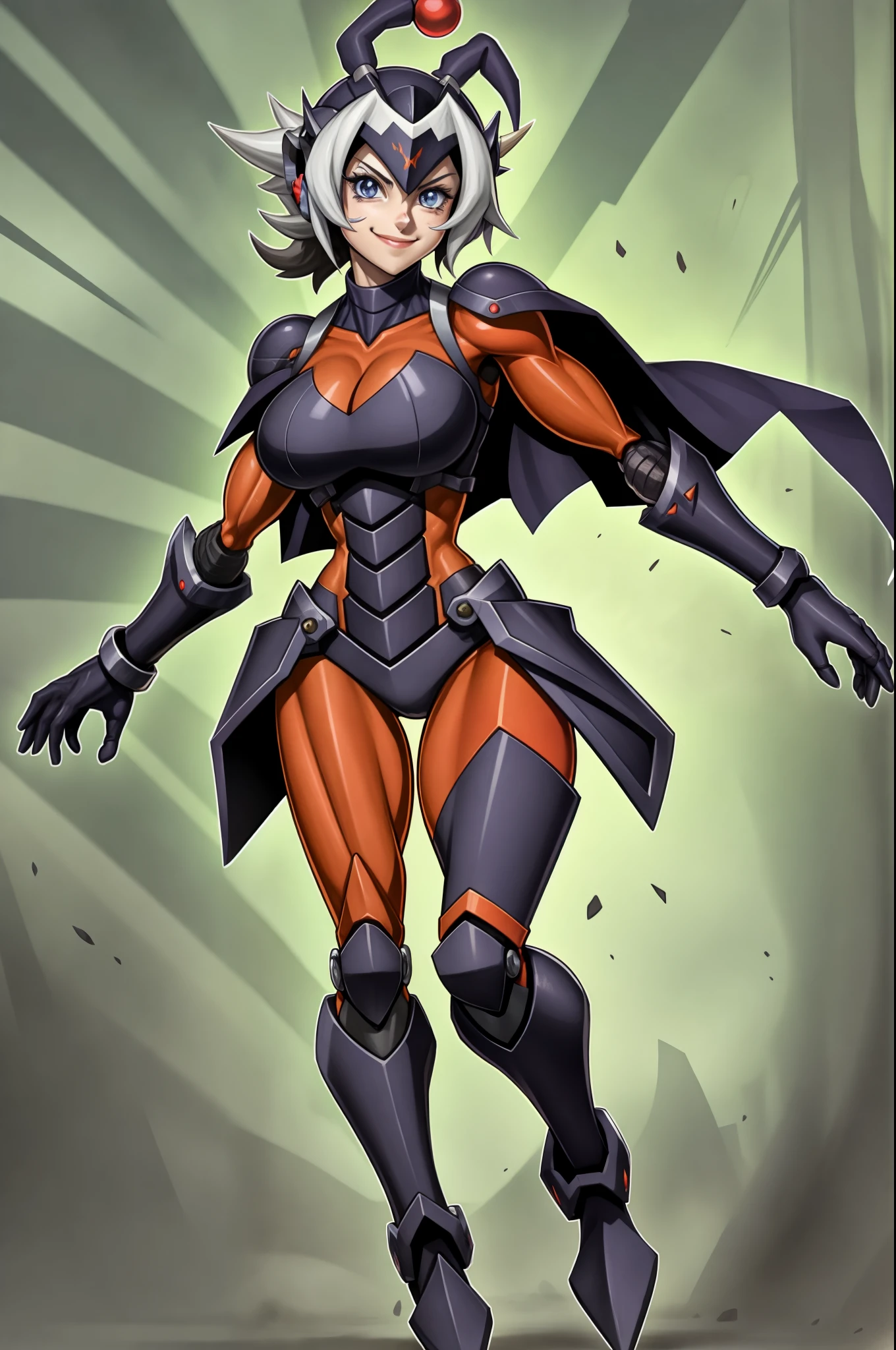 robot, sentai, metal hero,dark edgy; muscle female, knight, cape, superhero, , cute girl, big breast, smile, blush,  full body, clown
