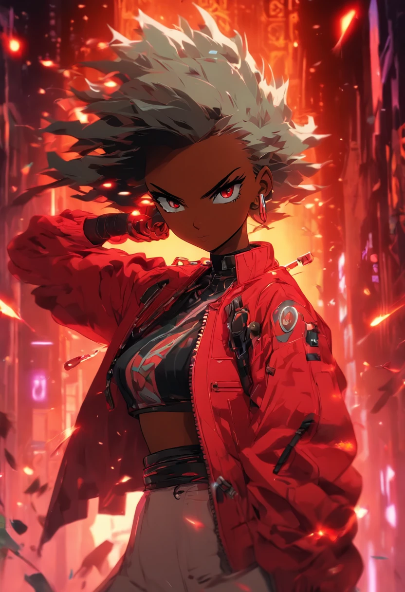 (Master-Teil, best qulaity), Konzeptzeichnung, Full body image of a dark-skinned woman, die eine (big red jacket:1.2) und schwarzes Hemd, Kampf-Pose, Komplizierte Details, chromatische Aberration, (Schwarze Haut:1.2), 1girls, langes lockiges Haar, hellbraunes Haar, Unordentliches Haar, Roboter-Beine, Biomechanik, hair above one eye, Honigaugen, Scharfe Augen, Neon-Shirt, Offener Mantel, big sword, Kybernetische Katana, Dunkle Klinge, JRPG-Stil, Tech-Fantasie, Final Fantasy, Pastellfarben, (Einfacher Hintergrund, white background:1.3)