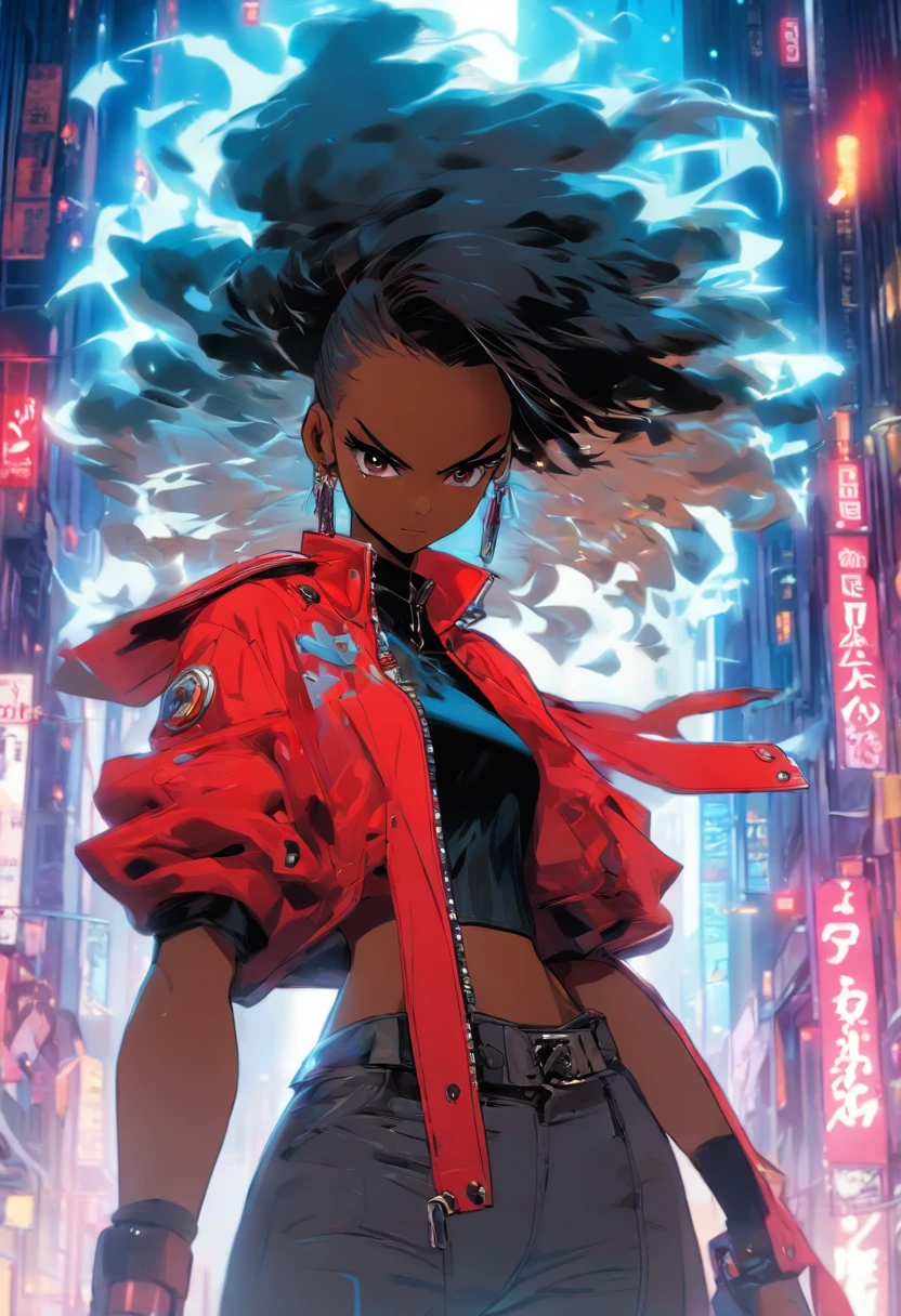 (Master-Teil, best qulaity), Konzeptzeichnung, Full body image of a dark-skinned woman, die eine (big red jacket:1.2) und schwarzes Hemd, Kampf-Pose, Komplizierte Details, chromatische Aberration, (Schwarze Haut:1.2), 1girls, langes lockiges Haar, hellbraunes Haar, Unordentliches Haar, Roboter-Beine, Biomechanik, hair above one eye, Honigaugen, Scharfe Augen, Neon-Shirt, Offener Mantel, big sword, Kybernetische Katana, Dunkle Klinge, JRPG-Stil, Tech-Fantasie, Final Fantasy, Pastellfarben, (Einfacher Hintergrund, white background:1.3)