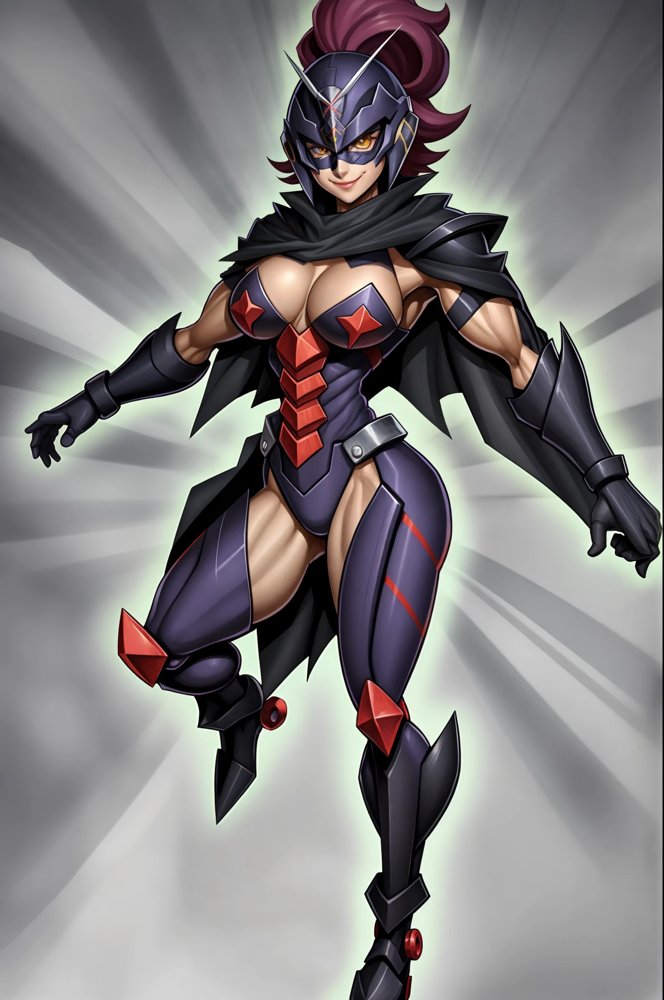 robot, sentai, metal hero,dark edgy; muscle female, knight, cape, superhero, , cute girl, big breast, smile, blush,  full body, clown