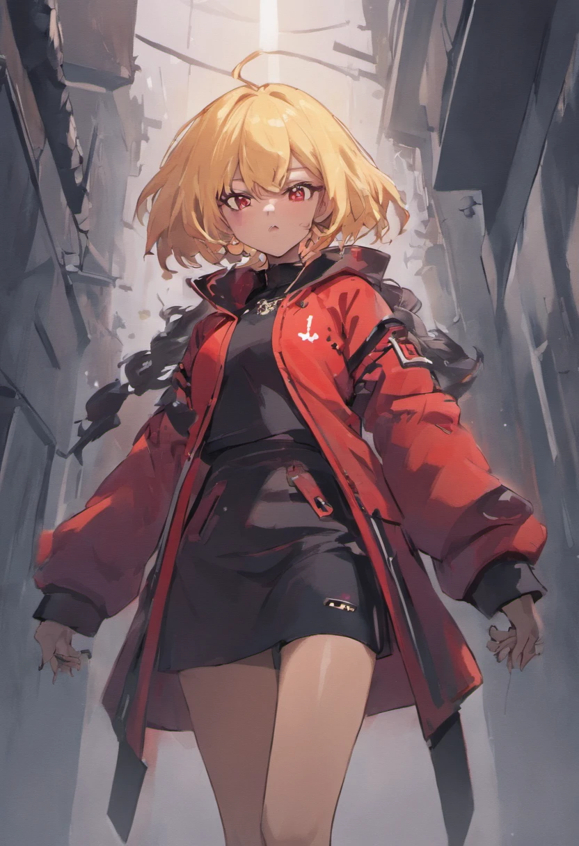 (Master-Teil, best qulaity), Konzeptzeichnung, Full body image of a dark-skinned woman, die eine (big red jacket:1.2) und schwarzes Hemd, Kampf-Pose, Komplizierte Details, chromatische Aberration, (Schwarze Haut:1.2), 1girls, langes lockiges Haar, hellbraunes Haar, Unordentliches Haar, Roboter-Beine, Biomechanik, hair above one eye, Honigaugen, Scharfe Augen, Neon-Shirt, Offener Mantel, big sword, Kybernetische Katana, Dunkle Klinge, JRPG-Stil, Tech-Fantasie, Final Fantasy, Pastellfarben, (Einfacher Hintergrund, white background:1.3)