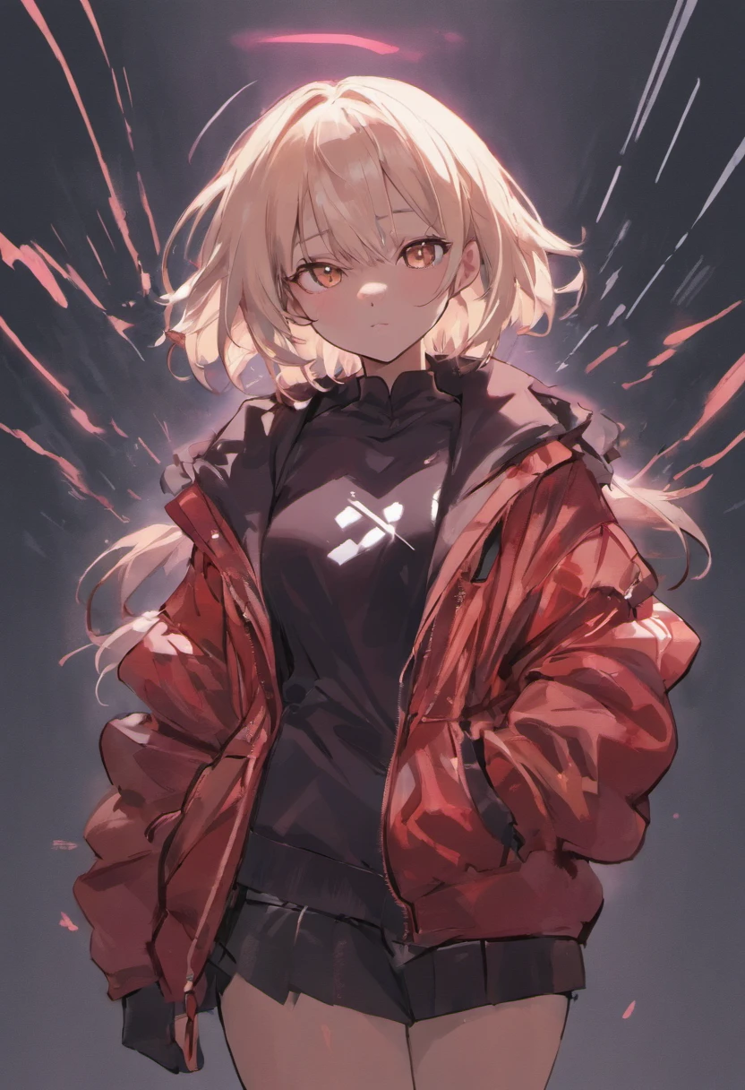 (Master-Teil, best qulaity), Konzeptzeichnung, Full body image of a dark-skinned woman, die eine (big red jacket:1.2) und schwarzes Hemd, Kampf-Pose, Komplizierte Details, chromatische Aberration, (Schwarze Haut:1.2), 1girls, langes lockiges Haar, hellbraunes Haar, Unordentliches Haar, Roboter-Beine, Biomechanik, hair above one eye, Honigaugen, Scharfe Augen, Neon-Shirt, Offener Mantel, big sword, Kybernetische Katana, Dunkle Klinge, JRPG-Stil, Tech-Fantasie, Final Fantasy, Pastellfarben, (Einfacher Hintergrund, white background:1.3)