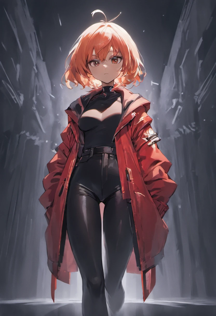 (Master-Teil, best qulaity), Konzeptzeichnung, Full body image of a dark-skinned woman, die eine (big red jacket:1.2) und schwarzes Hemd, Kampf-Pose, Komplizierte Details, chromatische Aberration, (Schwarze Haut:1.2), 1girls, langes lockiges Haar, hellbraunes Haar, Unordentliches Haar, Roboter-Beine, Biomechanik, hair above one eye, Honigaugen, Scharfe Augen, Neon-Shirt, Offener Mantel, big sword, Kybernetische Katana, Dunkle Klinge, JRPG-Stil, Tech-Fantasie, Final Fantasy, Pastellfarben, (Einfacher Hintergrund, white background:1.3)