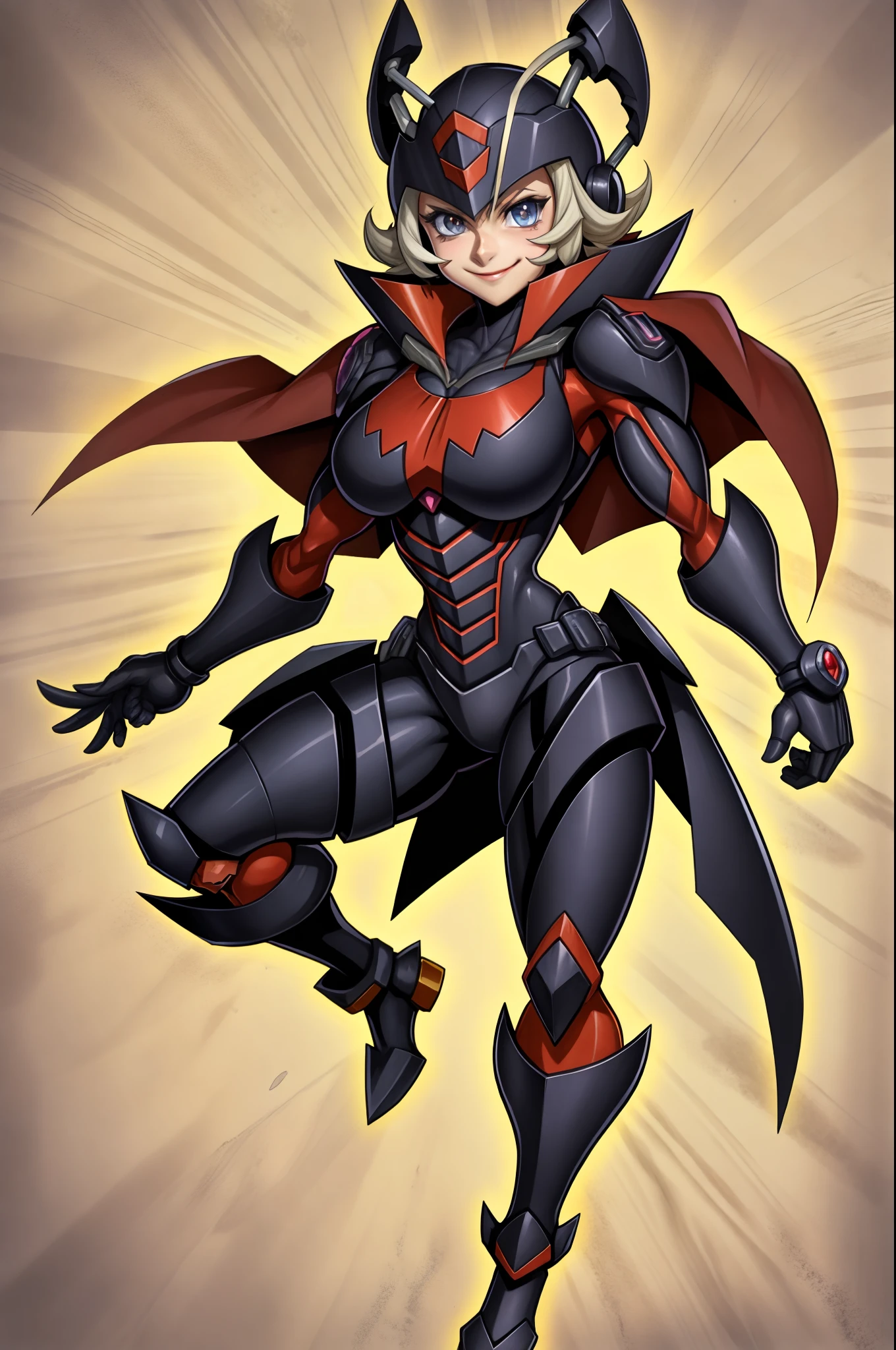 robot, sentai, metal hero,dark edgy; muscle female, knight, cape, superhero, , cute girl, big breast, smile, blush, full body, clown