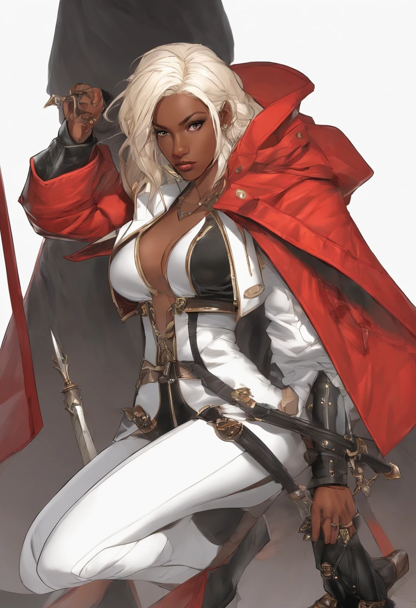 (Master-Teil, best qulaity), Konzeptzeichnung, Full body image of a dark-skinned woman, die eine (big red jacket:1.2) und schwarzes Hemd, Kampf-Pose, Komplizierte Details, chromatische Aberration, (Schwarze Haut:1.2), 1girls, langes lockiges Haar, hellbraunes Haar, Unordentliches Haar, Roboter-Beine, Biomechanik, hair above one eye, Honigaugen, Scharfe Augen, Neon-Shirt, Offener Mantel, big sword, Kybernetische Katana, Dunkle Klinge, JRPG-Stil, Tech-Fantasie, Final Fantasy, Pastellfarben, (Einfacher Hintergrund, white background:1.3)