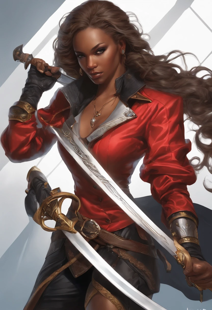 (Master-Teil, best qulaity), Konzeptzeichnung, Full body image of a dark-skinned woman, die eine (big red jacket:1.2) und schwarzes Hemd, Kampf-Pose, Komplizierte Details, chromatische Aberration, (Schwarze Haut:1.2), 1girls, langes lockiges Haar, hellbraunes Haar, Unordentliches Haar, Roboter-Beine, Biomechanik, hair above one eye, Honigaugen, Scharfe Augen, Neon-Shirt, Offener Mantel, big sword, Kybernetische Katana, Dunkle Klinge, JRPG-Stil, Tech-Fantasie, Final Fantasy, Pastellfarben, (Einfacher Hintergrund, white background:1.3)