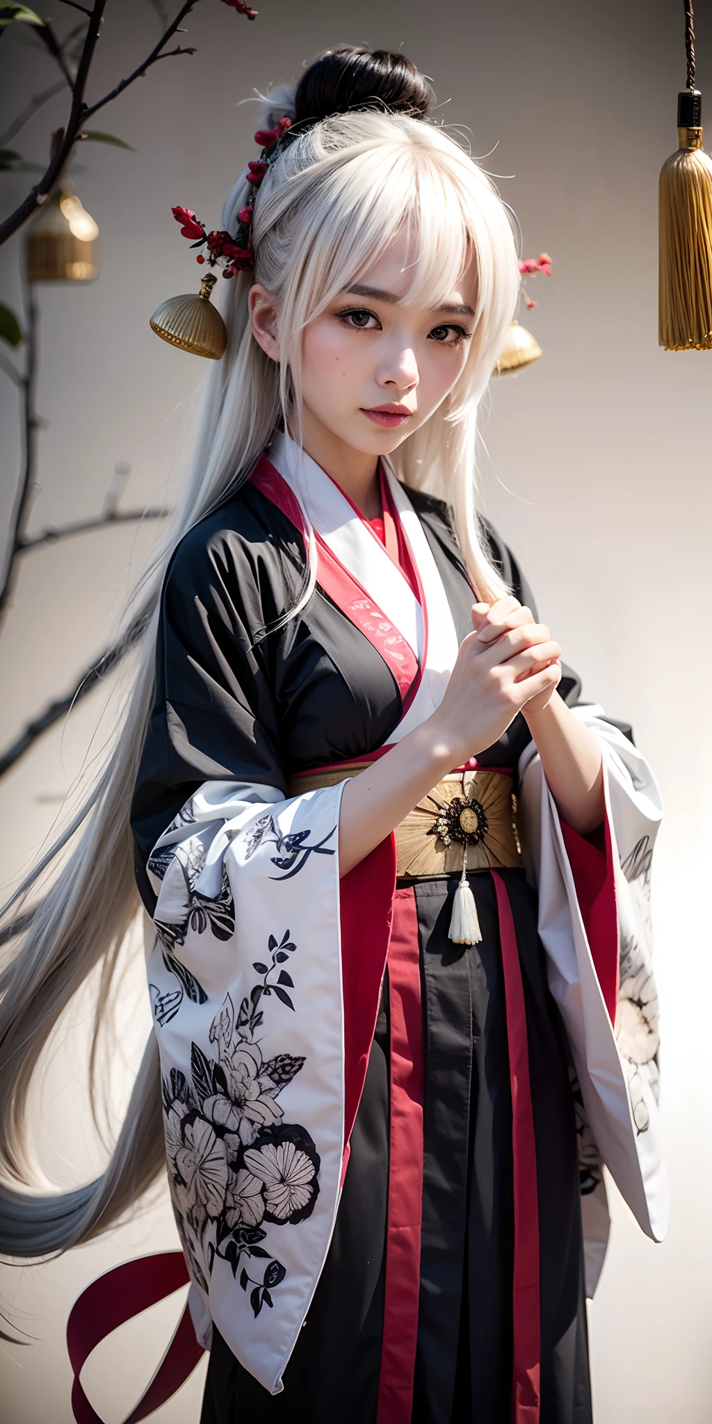 AN ORIENTAL WOMAN, WHITE HAIR, WEARING A KIMONO