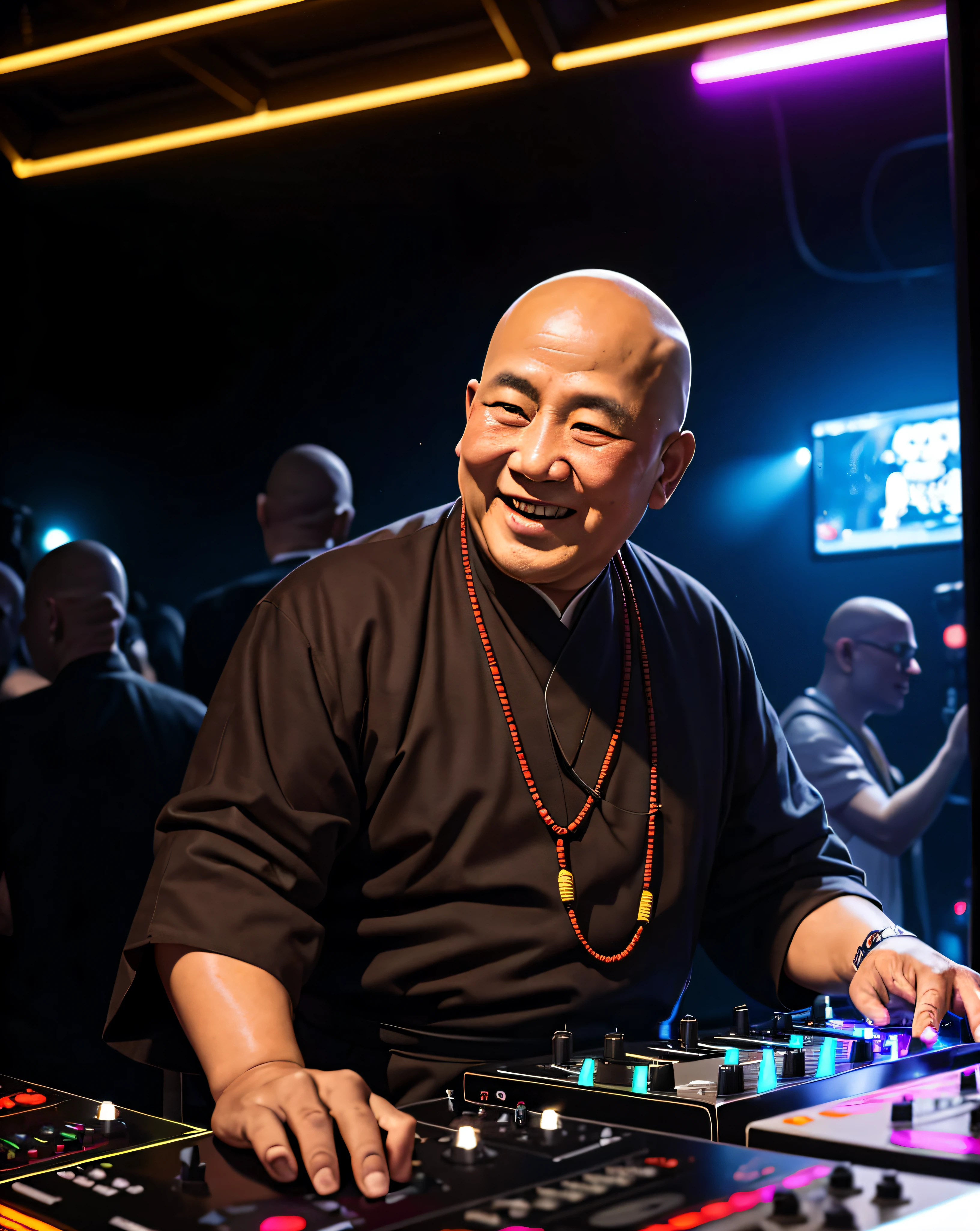 Illustration of a Tibetan elder fat monk playing a DJ.
the monk has skin head and fat body, old man, 
A scene in which a monk in a black monk's robe with a shaved head is operating a DJ player in front of the DJ booth. age of 55, 
In the background, the neon lights of a night club shine.
The monk has a smile on his face, and he seems to be enjoying himself as a DJ.
The people around me are dancing to the monk's DJ.