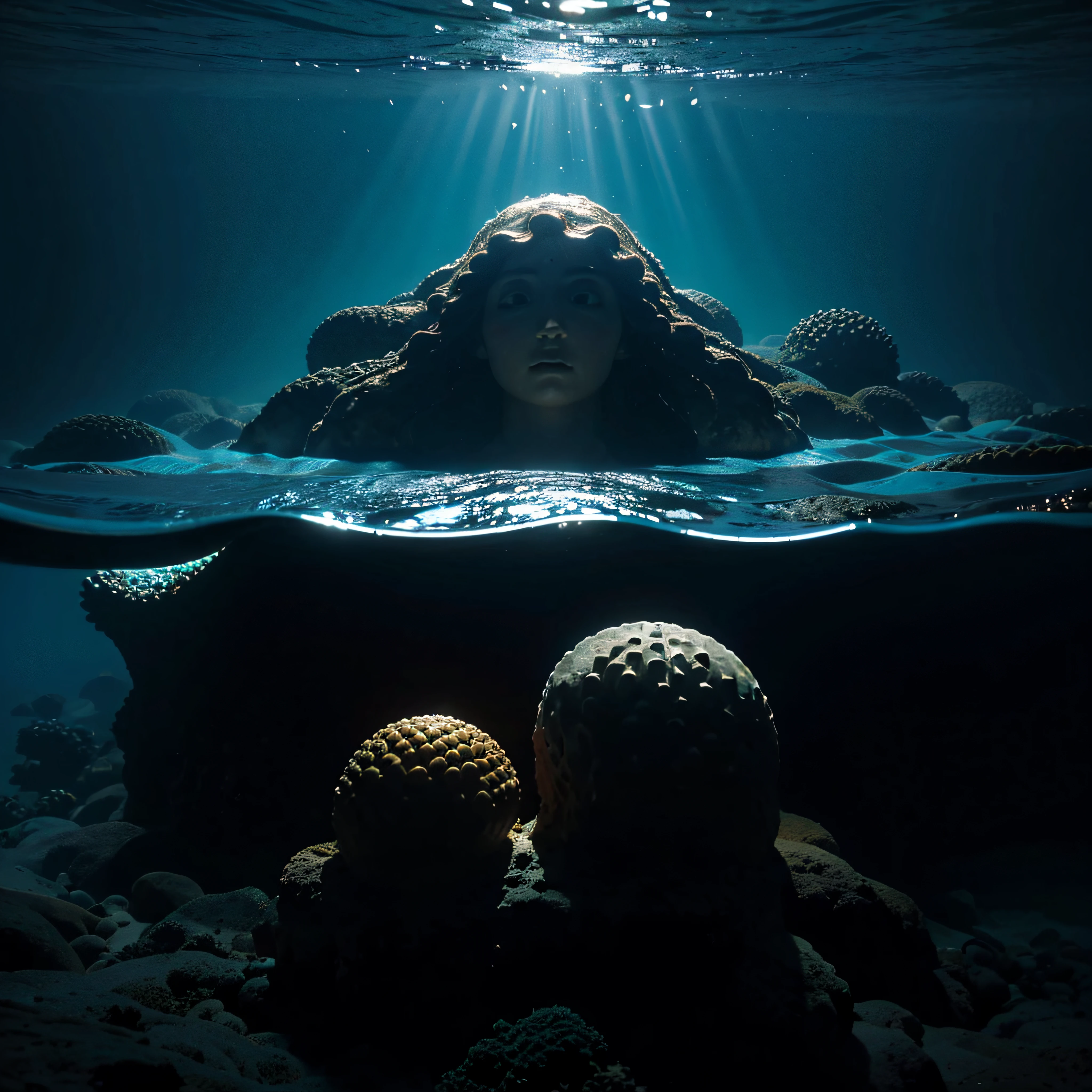 (extremadamente detallado, obra maestra, La mejor calidad, Under the Ocean), Estilo oscuro, volumetric illumination. textura de babosa, piel de caracol. ahogados flotando de fondo. Rococo composition.