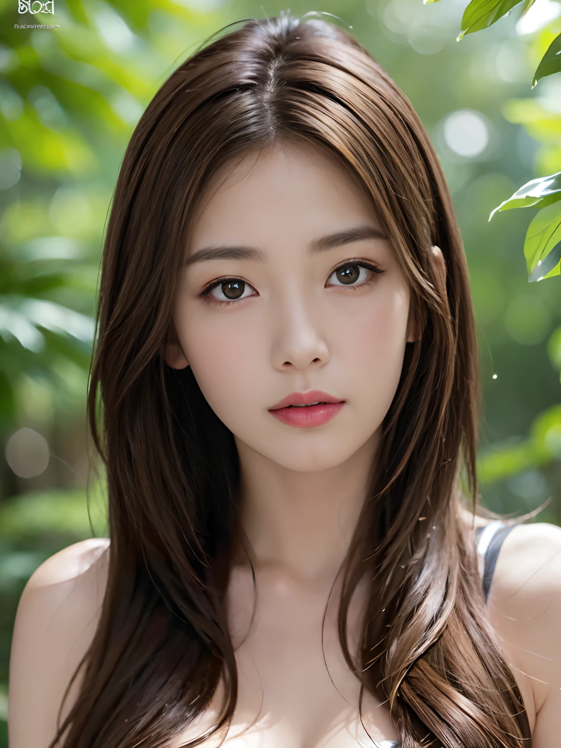 ((Realistic lighting、top-quality、8K、masterpiece:1.3))、Clear focus:1.2、NSFW:1.5, nudde:1.5、((realisitic)) , ((Real Light、top-quality))、Model body type:1.2、(brown haired、middlebreasts:1.2)、A sexy、Southland、In the rainforest、(25-years old:1.4)、hyperdetailed face、A detailed eye、二重まぶた、Wear leaves