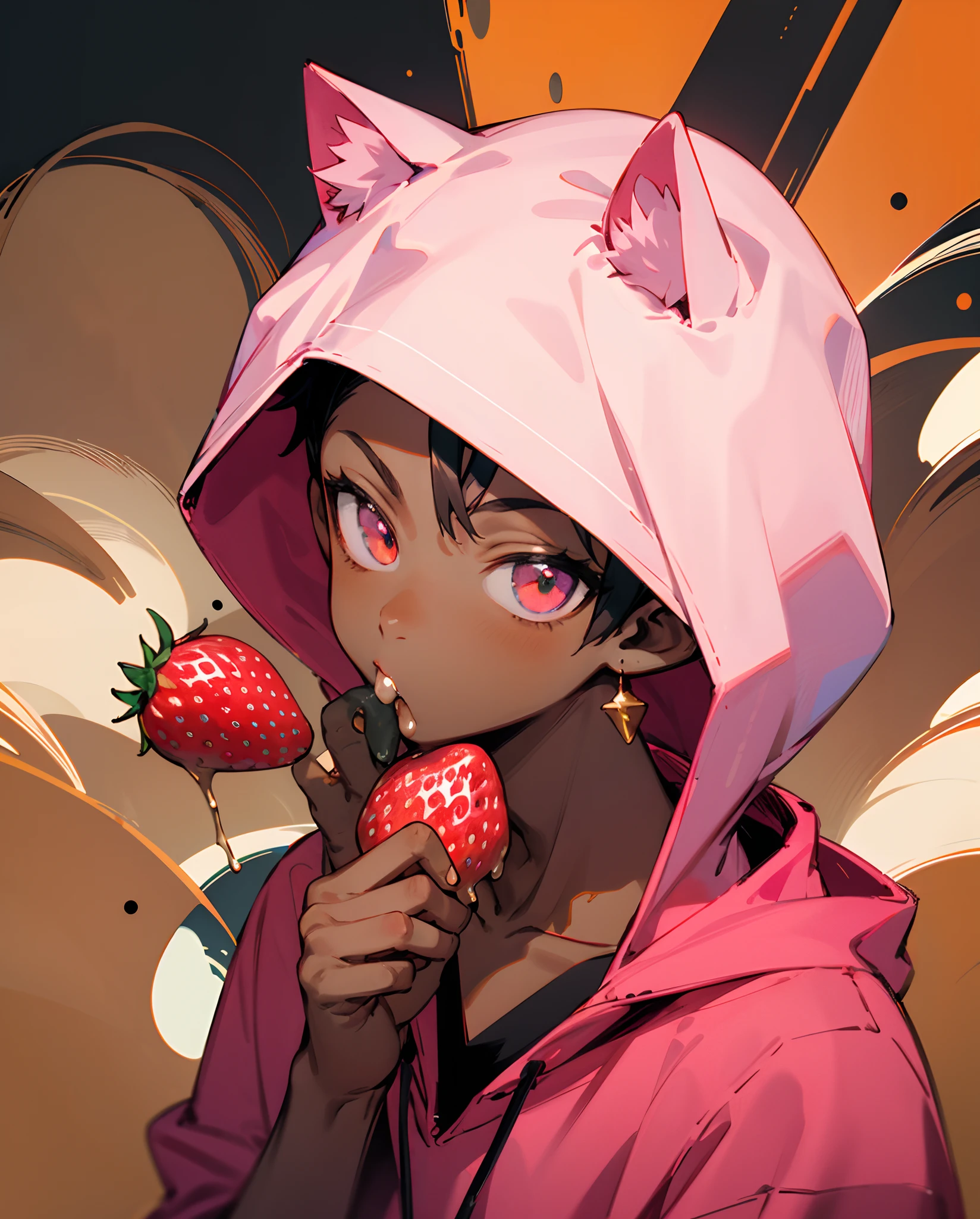 Anime, African boy, dark skin, pink hoodie, eating strawberry, mugshot, brown skin, Catt ears, abstract art background