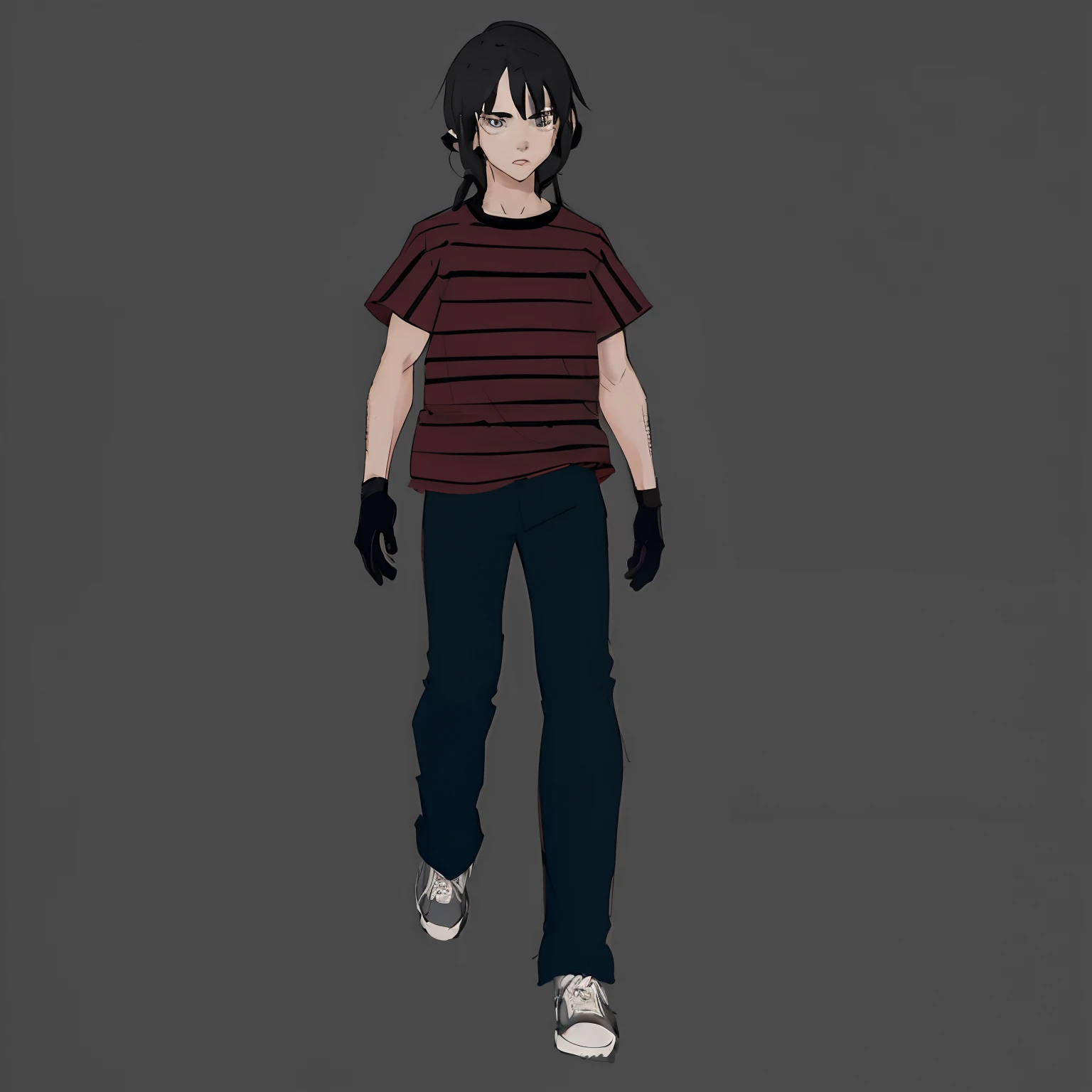 ((ink style, sketch, black and white)) 1 boy, young boy with a long mullet haircut, big lips, and slanted eyes, striped shirt, black pants, in his tweenties, slim body