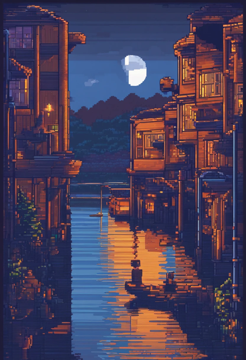 A UPER viewing camera , manque , river, Soft Light , lune, Nuit, boy , Artwork , Masterpiece, Vue du jeu, pixel perfet