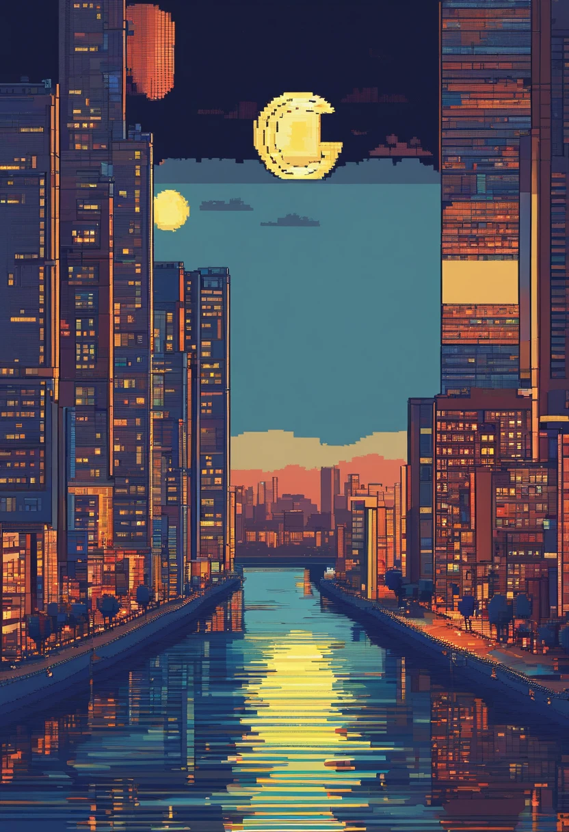 A UPER viewing camera , manque , river, Soft Light , lune, Nuit, boy , Artwork , Masterpiece, Vue du jeu, pixel perfet