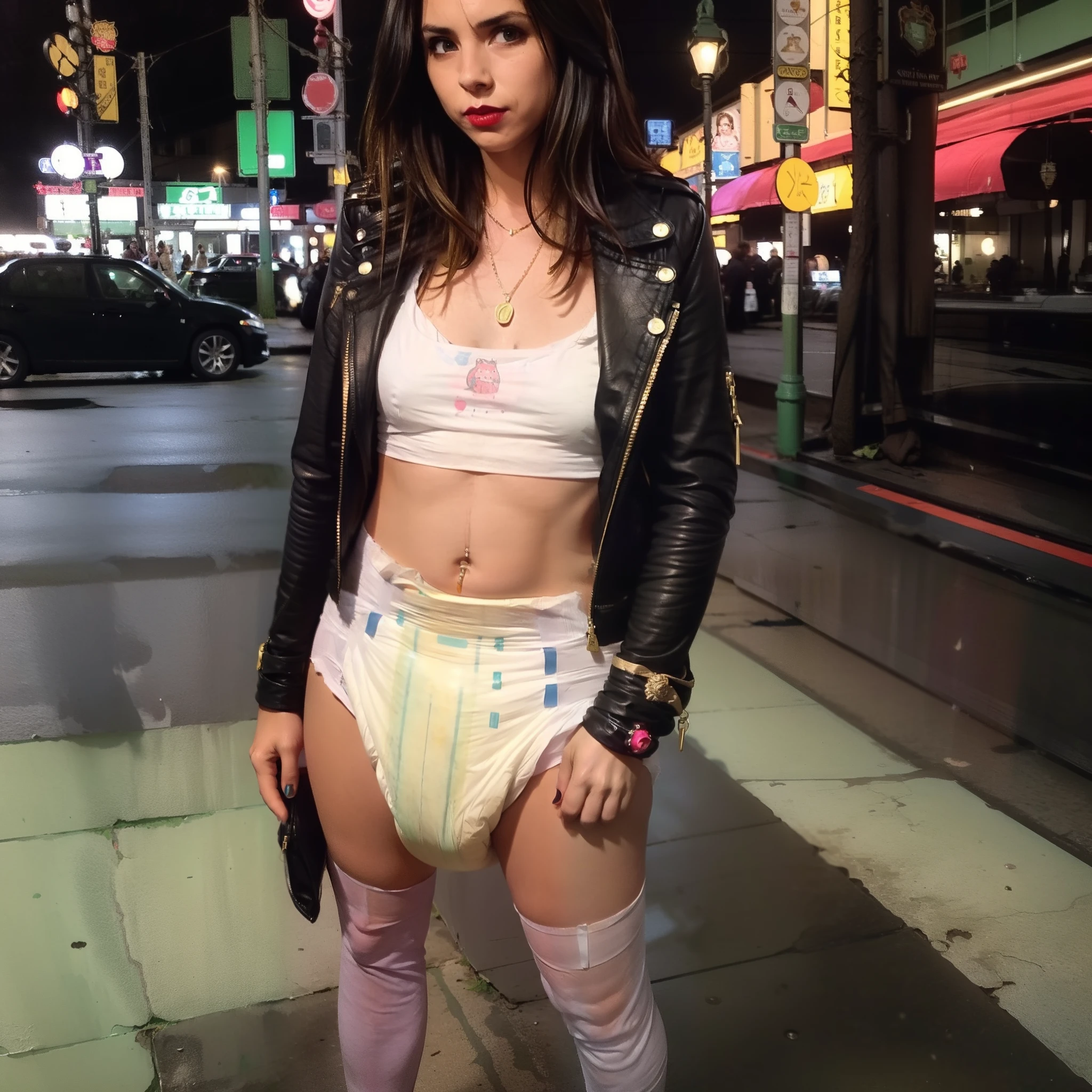 (masterpiece, top quality, best quality, highly detailed:1.2), colorful, 1girl, solo, photo of a sexy woman posing seductively on the street corner in a soiled diaper, city, outdoors, standing, diaper, black diaper, wet diaper, soggy diaper, messed diaper, diaper mess, hypermessing, diaper waistband peek, faded wetness indicator, thigh high heels, black hair, green eyes, smirking, golden braclet, red biker jacket, revealing white crop top, stockings, jade ring, red lipstick, night, neon lights, city