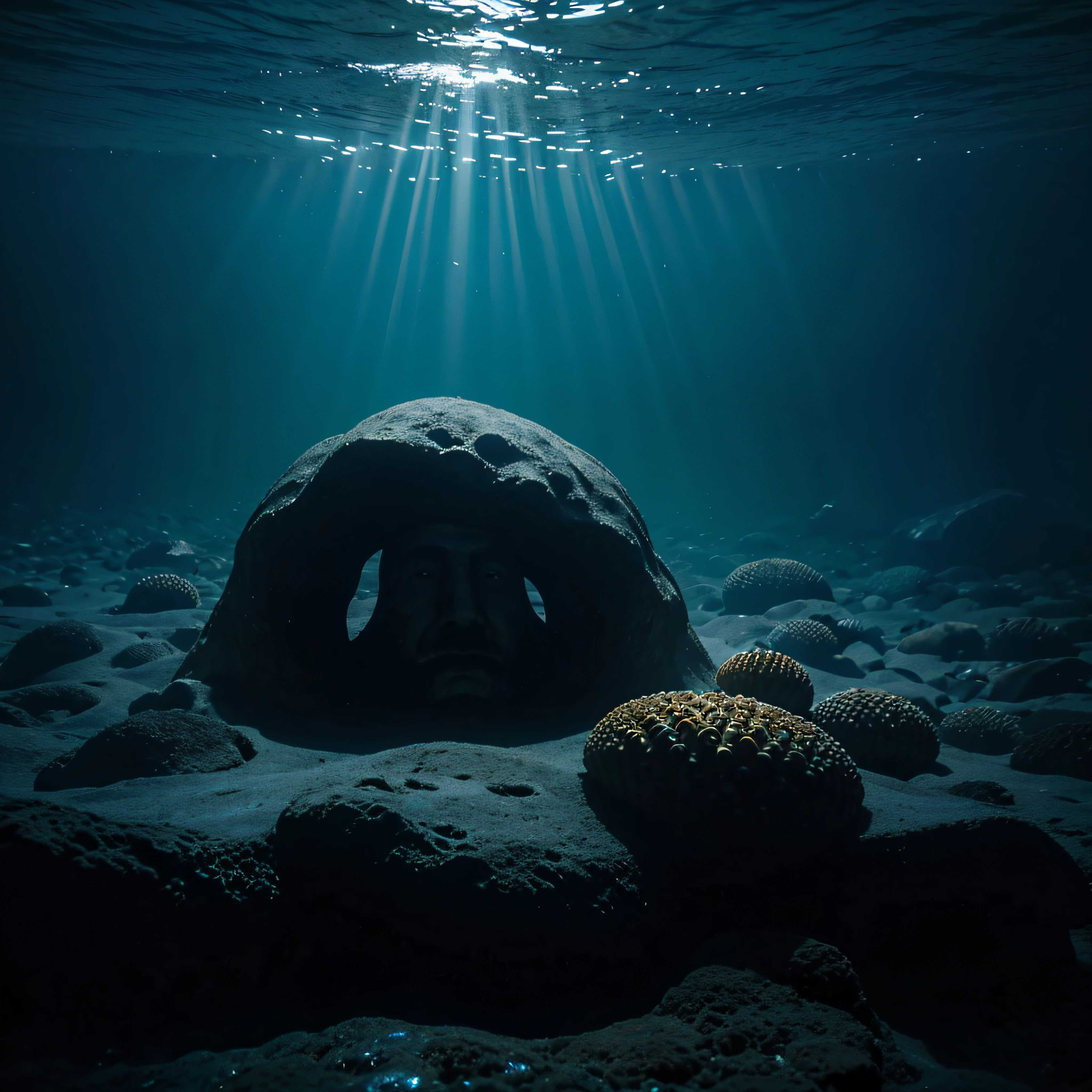(extremadamente detallado, obra maestra, La mejor calidad, Under the Ocean), Estilo oscuro, volumetric illumination. textura de babosa, piel de caracol. ahogados flotando de fondo. Rococo composition.