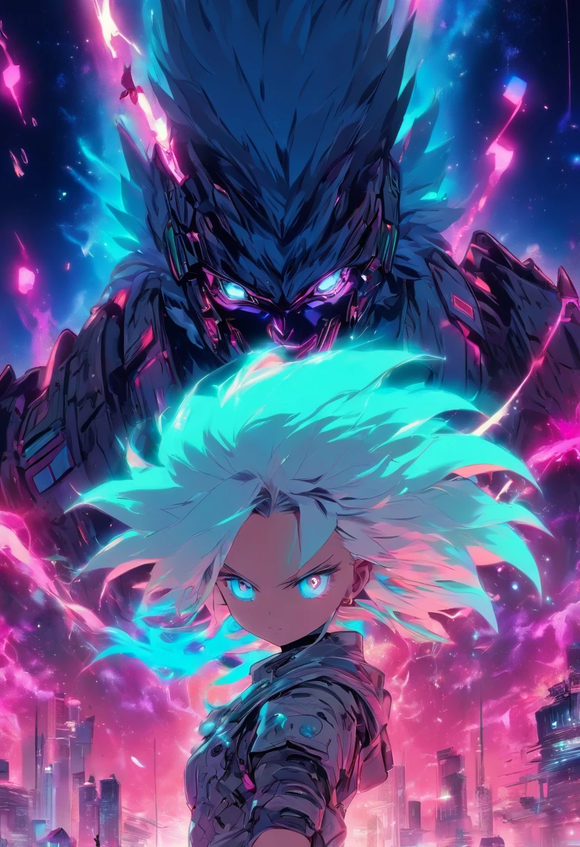 A little girl，white hair，Cyan hair is dyed，Long white hair，Leuchtende cyanfarbene Augen，Mechanische Tierohren，In his left hand he held a large white sword，Ganzkörperesbian，Blick in die Sterne，Chosen Ji，Cyber Punk Perssonage，Ein futuristisches，Neonlicht，Filmische Komposition，Farbe tropft，Farbenpracht，KomplexDetails，Bestes Meisterwerk，Highest picture quality，8k resolution，PC-Hintergrundbilder，Bunter Sternenhimmelhintergrund