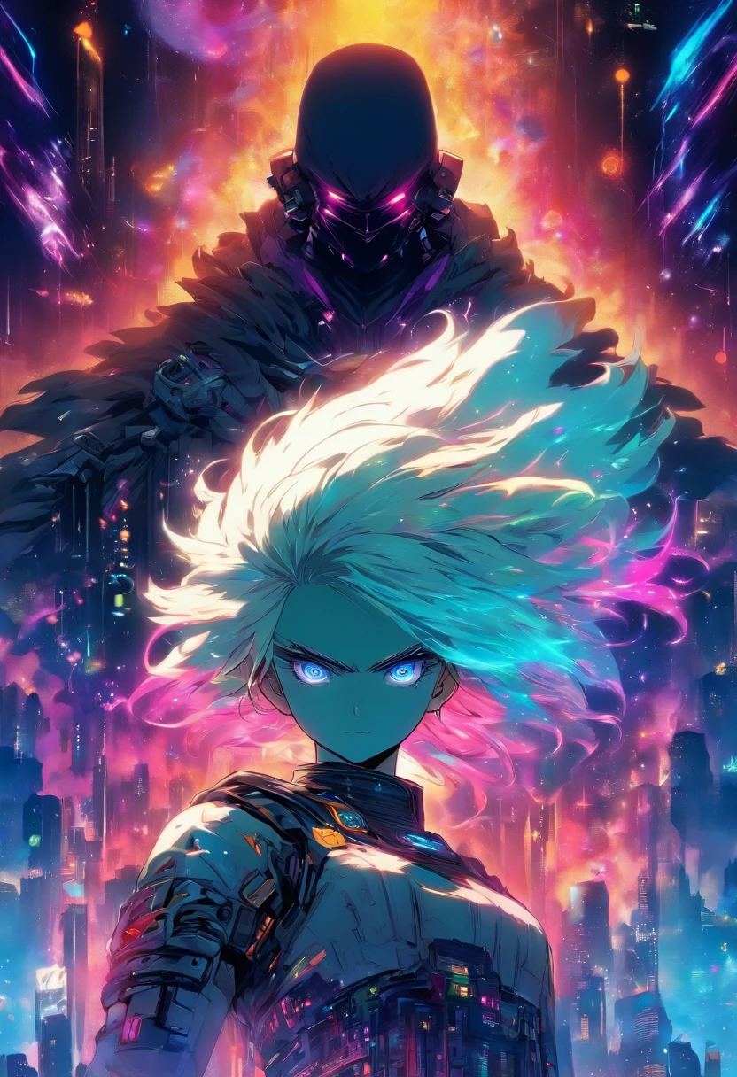 A little girl，white hair，Cyan hair is dyed，Long white hair，Leuchtende cyanfarbene Augen，Mechanische Tierohren，In his left hand he held a large white sword，Ganzkörperesbian，Blick in die Sterne，Chosen Ji，Cyber Punk Perssonage，Ein futuristisches，Neonlicht，Filmische Komposition，Farbe tropft，Farbenpracht，KomplexDetails，Bestes Meisterwerk，Highest picture quality，8k resolution，PC-Hintergrundbilder，Bunter Sternenhimmelhintergrund