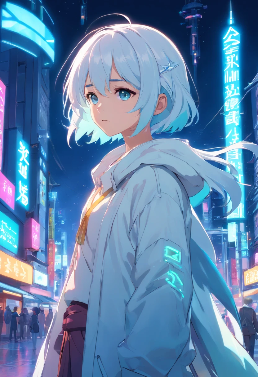 A little girl，white hair，Cyan hair is dyed，Long white hair，Leuchtende cyanfarbene Augen，Mechanische Tierohren，In his left hand he held a large white sword，Ganzkörperesbian，Blick in die Sterne，Chosen Ji，Cyber Punk Perssonage，Ein futuristisches，Neonlicht，Filmische Komposition，Farbe tropft，Farbenpracht，KomplexDetails，Bestes Meisterwerk，Highest picture quality，8k resolution，PC-Hintergrundbilder，Bunter Sternenhimmelhintergrund