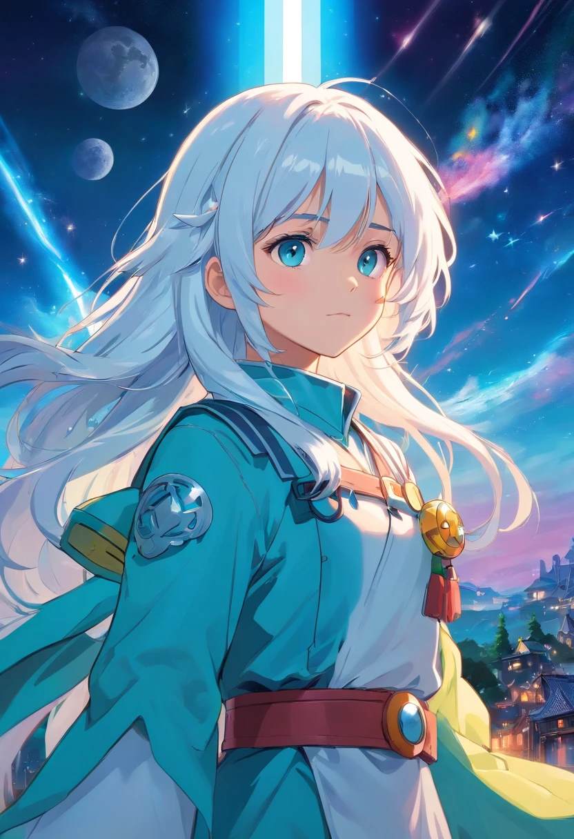A ,white hair,Cyan hair is dyed,Long white hair,Leuchtende cyanfarbene Augen,Mechanische Tierohren,In his left hand he held a large white sword,Ganzkörperesbian,Blick in die Sterne,Chosen Ji,Cyber Punk Perssonage,Ein futuristisches,Neonlicht,Filmische Komposition,Farbe tropft,Farbenpracht,KomplexDetails,Bestes Meisterwerk,Highest picture quality,8k resolution,PC-Hintergrundbilder,Bunter Sternenhimmelhintergrund