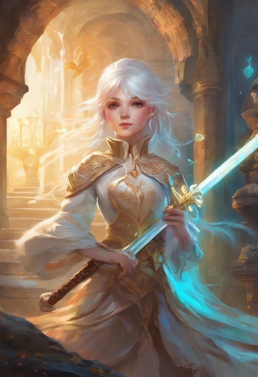 A ,white hair,Cyan hair is dyed,Long white hair,Leuchtende cyanfarbene Augen,Mechanische Tierohren,In his left hand he held a large white sword,Ganzkörperesbian,Blick in die Sterne,Chosen Ji,Cyber Punk Perssonage,Ein futuristisches,Neonlicht,Filmische Komposition,Farbe tropft,Farbenpracht,KomplexDetails,Bestes Meisterwerk,Highest picture quality,8k resolution,PC-Hintergrundbilder,Bunter Sternenhimmelhintergrund