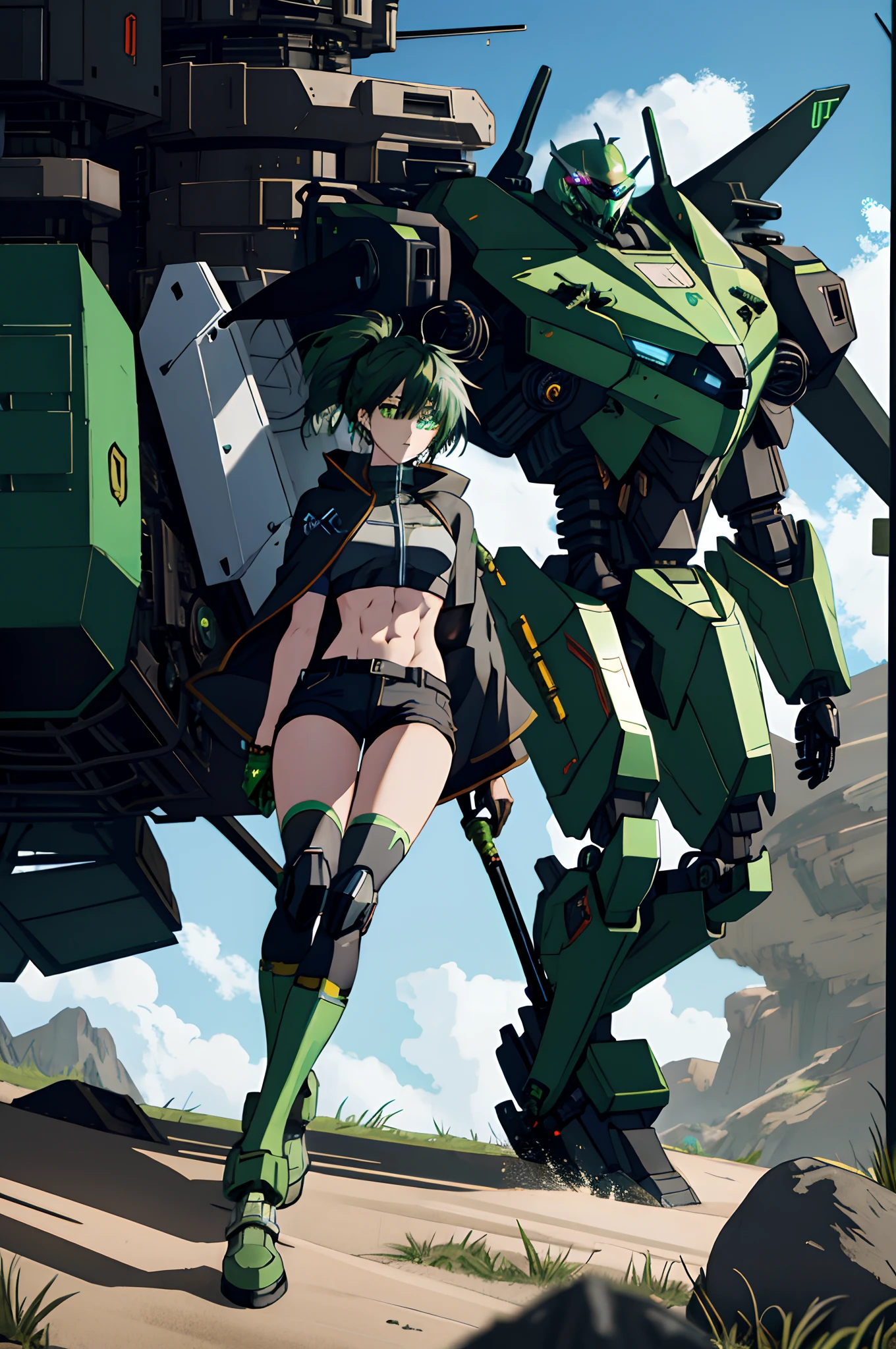 Anime girl sitting on the ground,Black cape and green hair, rogue anime girl, the anime girl is crouching, Wearing a cloak on the blasted plain, asuka suit under clothes!, holy cyborg necromancer girl, badass posture, mechanic punk outfit, anime styled 3d, render of a cute 3d anime girl, gapmoe yandere grimdark, Female character,musculature,Abs,Glowing green eyes,Black hair with green gradient,short detailed hair,Bunched hair,Dull hair,(1.5)Tomboyish,Be red in the face,looking at viewert,There was a mech next to her,One-eyed mech,The mech extends its shield to protect her,Round shield,Humanoid mech,Elaborate Eyes,The left leg is mechanical,Combat posture,Sit on top of the mech,Green bandeau,Black hot pants,Tall girls