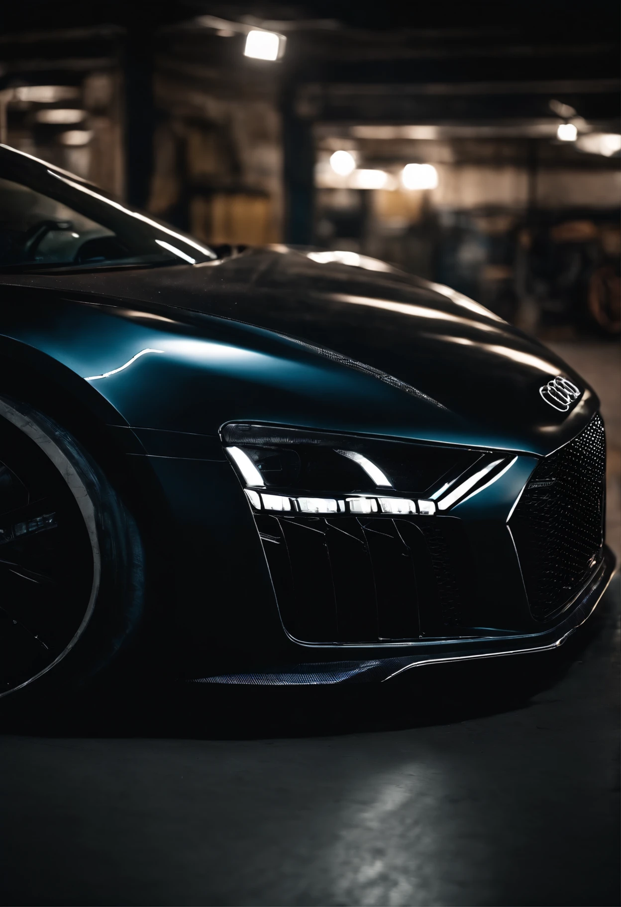 Detailed raw HD photo medium-distance photo of a (full carbon Audi R8 Racecar) with a big spoiler, race decals, racing inside a garage (darkly lit, dimly lit, discreet) grunge, menacing urban environment, metal tubes, concreating, decay, micro-details, hyperdetailed, raytracing, realism, crystal clear, photorealism, photorealistic,
(nocturnal, pitch, moody and dark:1.3) (bright headlights: 1.2)
