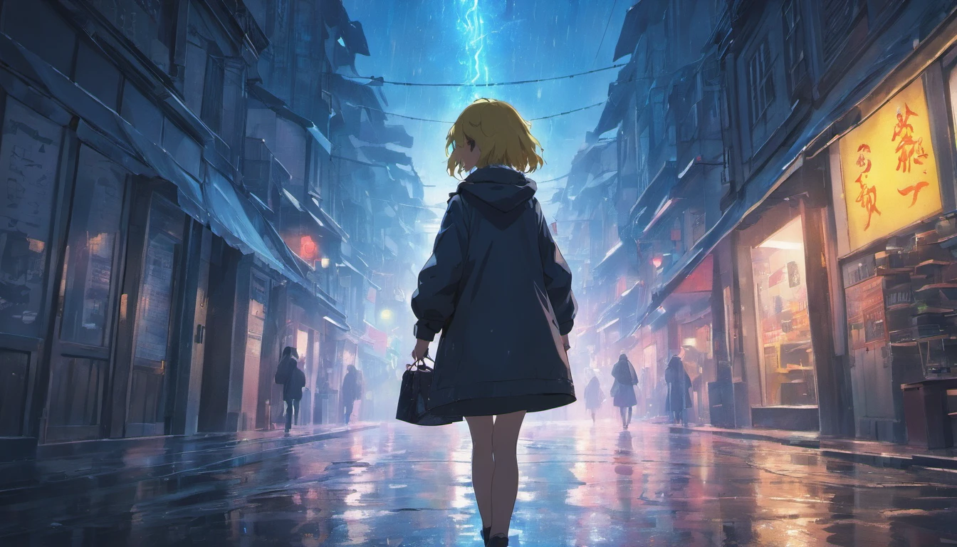 (best quality,4k,8k,highres,masterpiece:1.2), ultra-detailed, realistic:1.37, HDR, studio lighting, vivid colors, portraits, rainy night, 22-year-old girl walking away, raincoat, handheld takeaway bag, dim rainy nights, slippery road surface, urban landscape, wet pavement, reflection of streetlights, shimmering raindrops, melancholic atmosphere, from behind, from below.