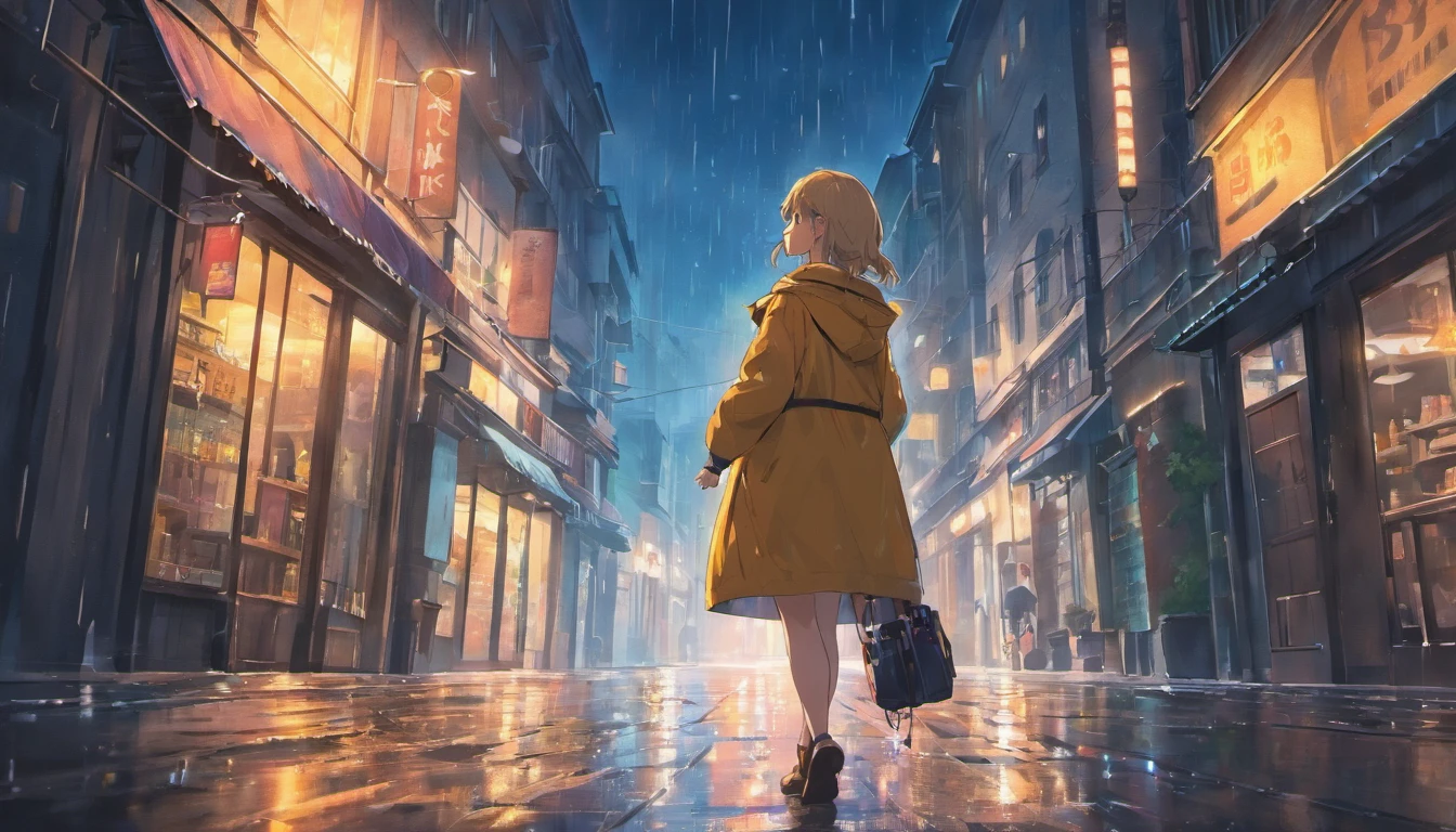 (best quality,4k,8k,highres,masterpiece:1.2), ultra-detailed, realistic:1.37, HDR, studio lighting, vivid colors, portraits, rainy night, 22-year-old girl walking away, raincoat, handheld takeaway bag, dim rainy nights, slippery road surface, urban landscape, wet pavement, reflection of streetlights, shimmering raindrops, melancholic atmosphere, from behind, from below.