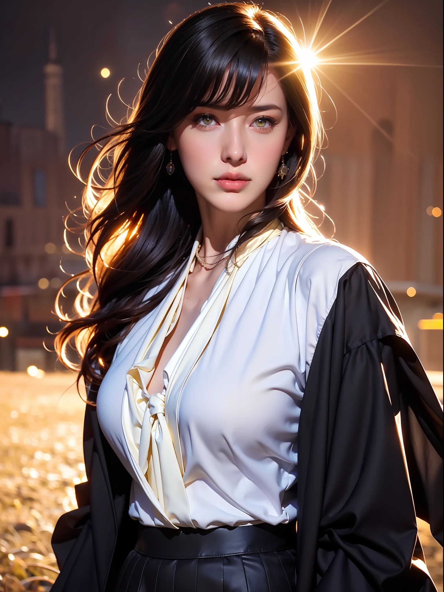 1girl, intricate detail, masterpiece, best quality, extremly detailed,cinematic lighting, beautiful detailed glow, finely detailed beautiful face and eyes, 8k, dark intense shadows, yellow eyes, medium hair, black hair, bangs, floating hair, black jacket, open jacket, white shirt, expressionless, yellow necktie, black skirt, spotlight, sunshine, sunrise, gradient sky, city, lens flare, cowboy shot, [[curvy]], [mature female]