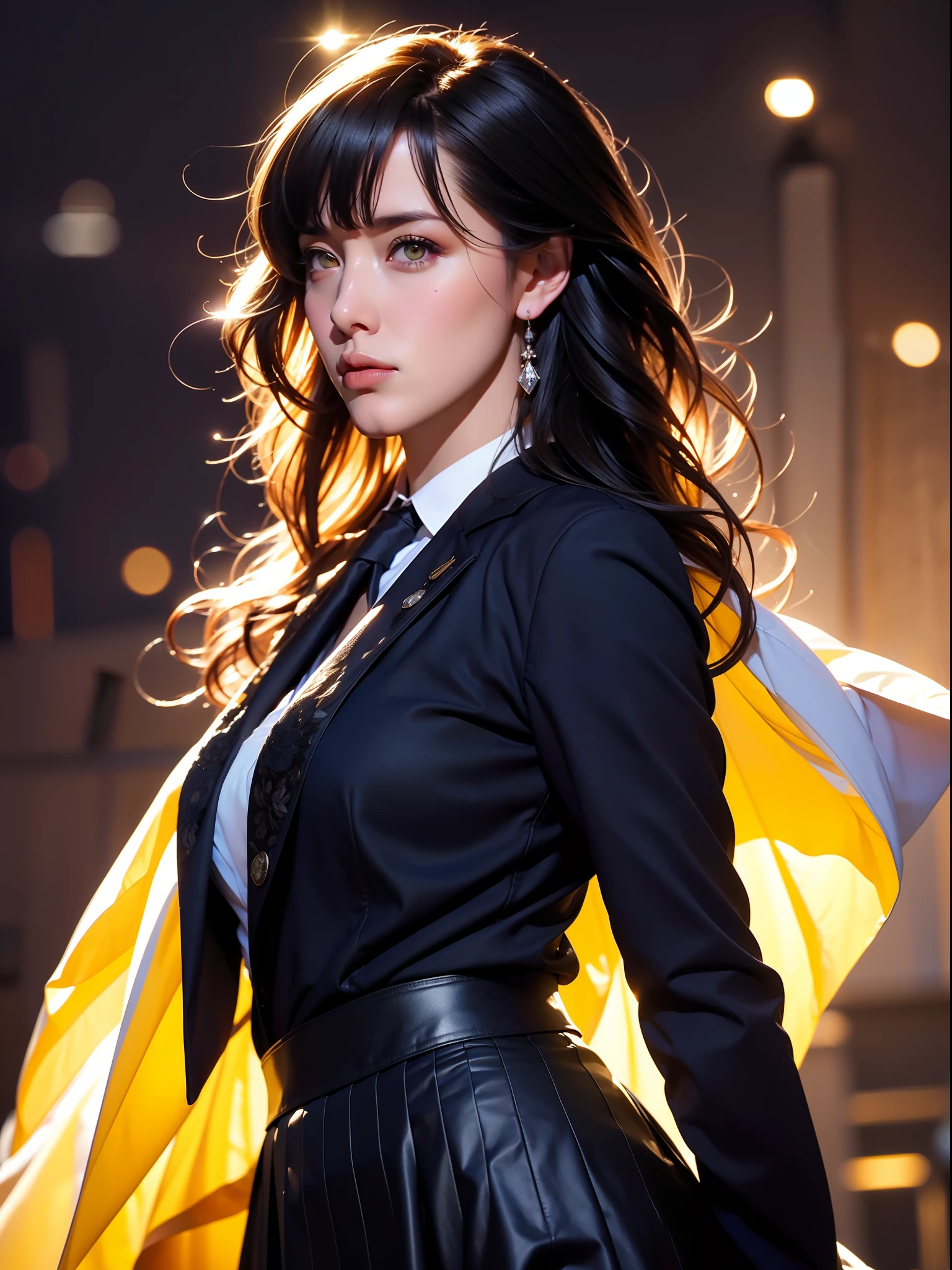 1girl, intricate detail, masterpiece, best quality, extremly detailed,cinematic lighting, beautiful detailed glow, finely detailed beautiful face and eyes, 8k, dark intense shadows, yellow eyes, medium hair, black hair, bangs, floating hair, black jacket, open jacket, white shirt, expressionless, yellow necktie, black skirt, spotlight, sunshine, sunrise, gradient sky, city, lens flare, cowboy shot, [[curvy]], [mature female]