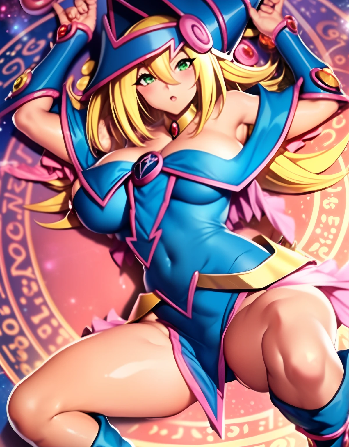 Dark magician girl, (Chica monstruo), plumas negras, Cabello dorado y rosa vivo, Alas doradas y rosa vivo, Claws crimson, sin Ropa modesta impresionante, Obra maestra, La mejor calidad. Linda figura. Cuerpo desnudo. Senos grandes y visibles, dark magician girl