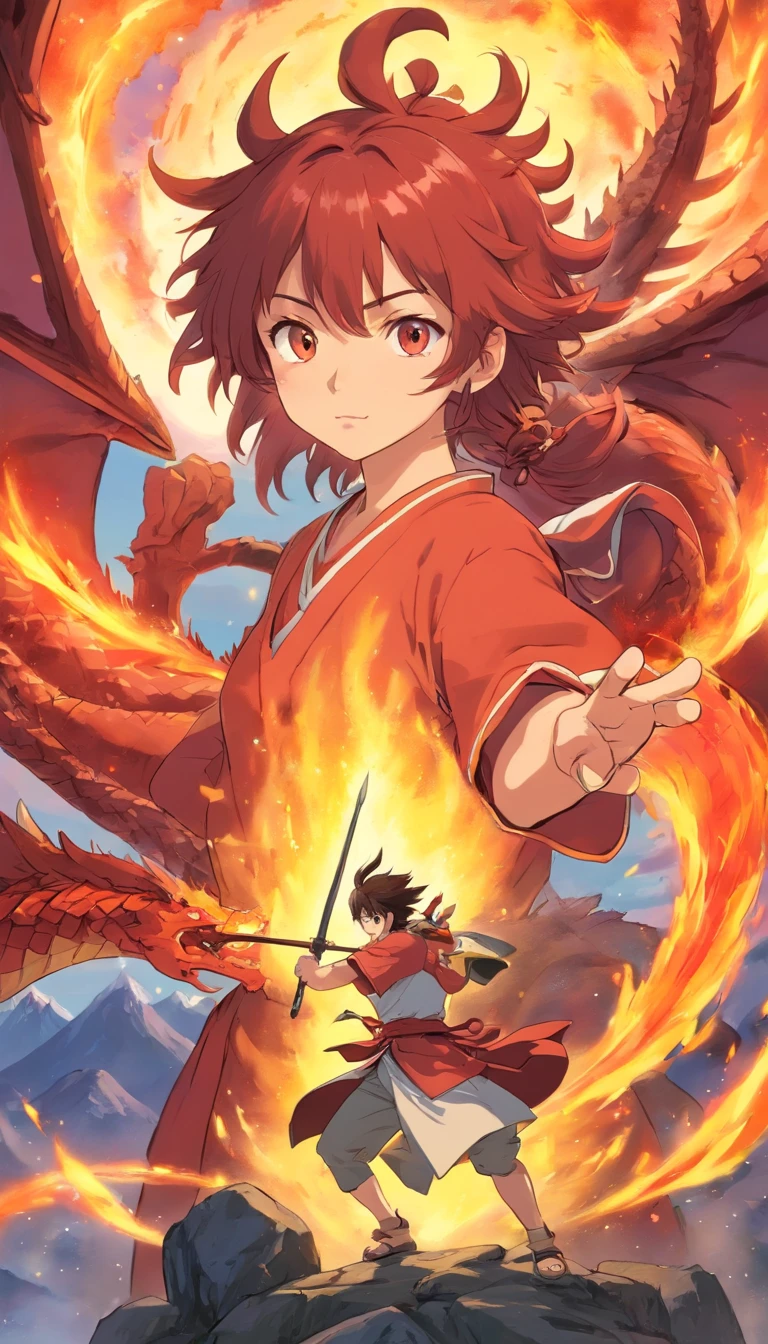 a warrior holding a spear, imagem de corpo inteiro , longos cabelos vermelhos camersim, a dragon on fire all around, animated color photos, Masami Teraoka, Paulo Gauguin, Estilo Embry, retrato honesto