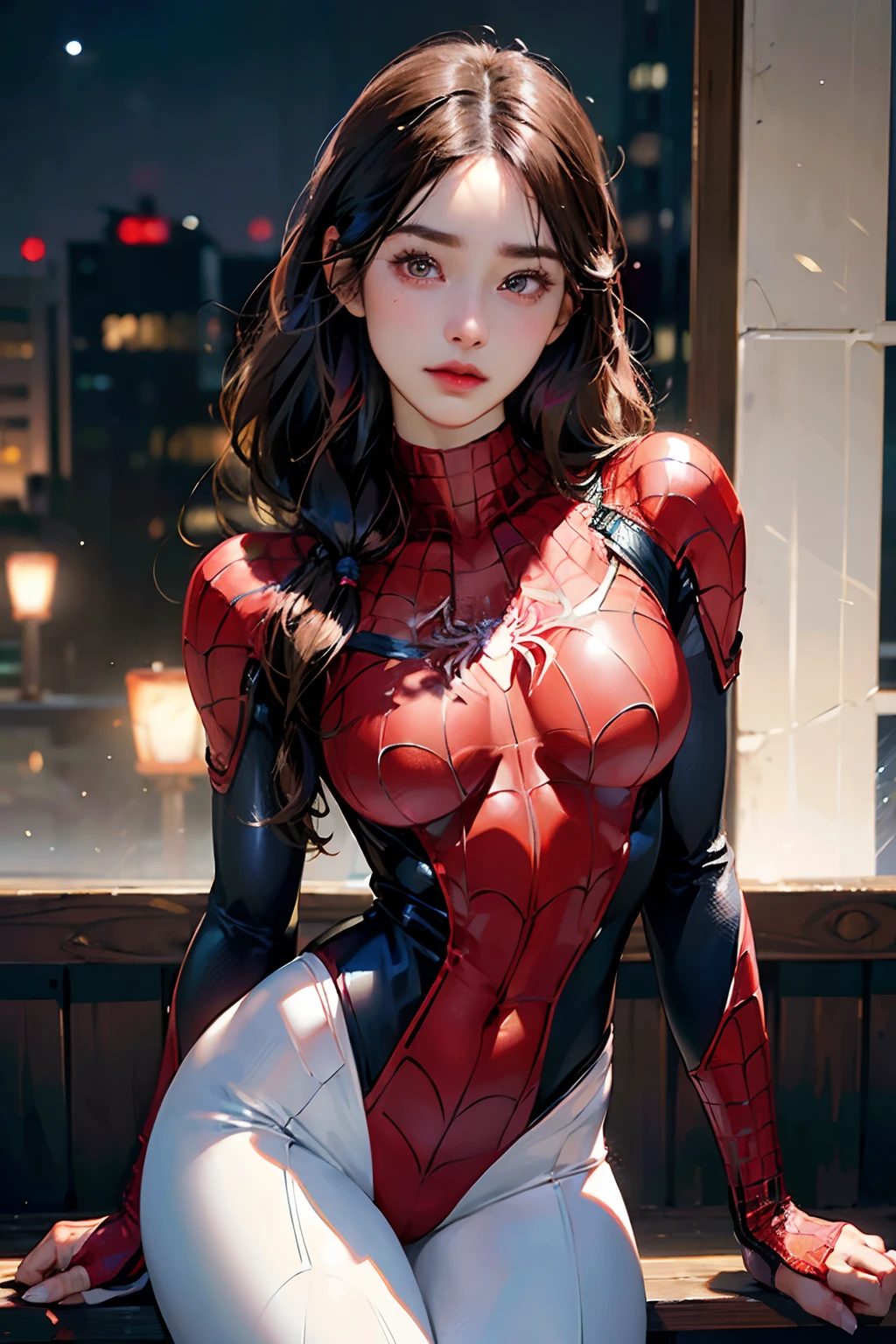 (absurdres,ultra highres,highly detailed), 1girl,mature female,(Japanese woman),(realistic:1.4),(Wear Female Spider-Man_cosplay_outfit:1.1), Sky front, nice hand,8k, (best qualtiy), head:1.3, finelydetailedskin, tack sharp focus,night,softlighting，dynamic angle,(highly detailed face:1.2)，(flat chest:1.3),takeout，The clothes are white, black and red,(beautiful detailed eyes),large iris,(brown eyes),straight eyebrows,thick eyebrows,low eyebrows,(thick lips:1.2),(parted lips:1.2),(glossy lips),(lipstick),(muscular:1.25),(tall body:1.1),((curvy hips)),(round hips)),(slender),((wide forehead)),((pulled back hair)),braid,(black medium hair),(pale skin)