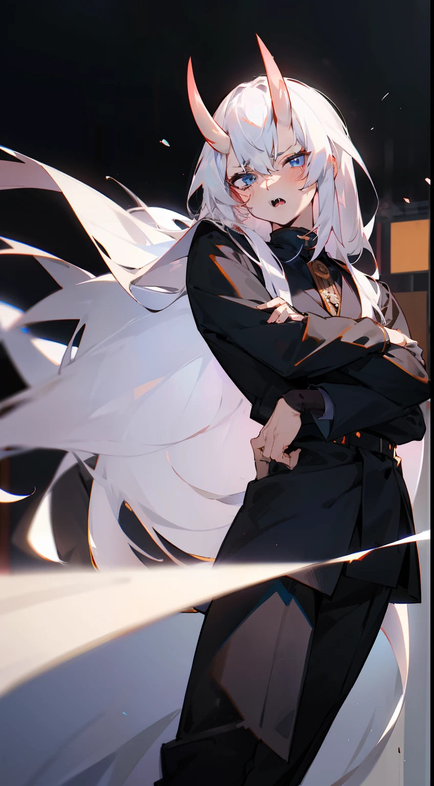 1oni man adult with 40s,serious face,open mouth(((man face))),elegant black outfit,white hair,long hair,blue eyes,oni horns,hd,masterpiece,8k,(((speaking on a stage at a large university)))