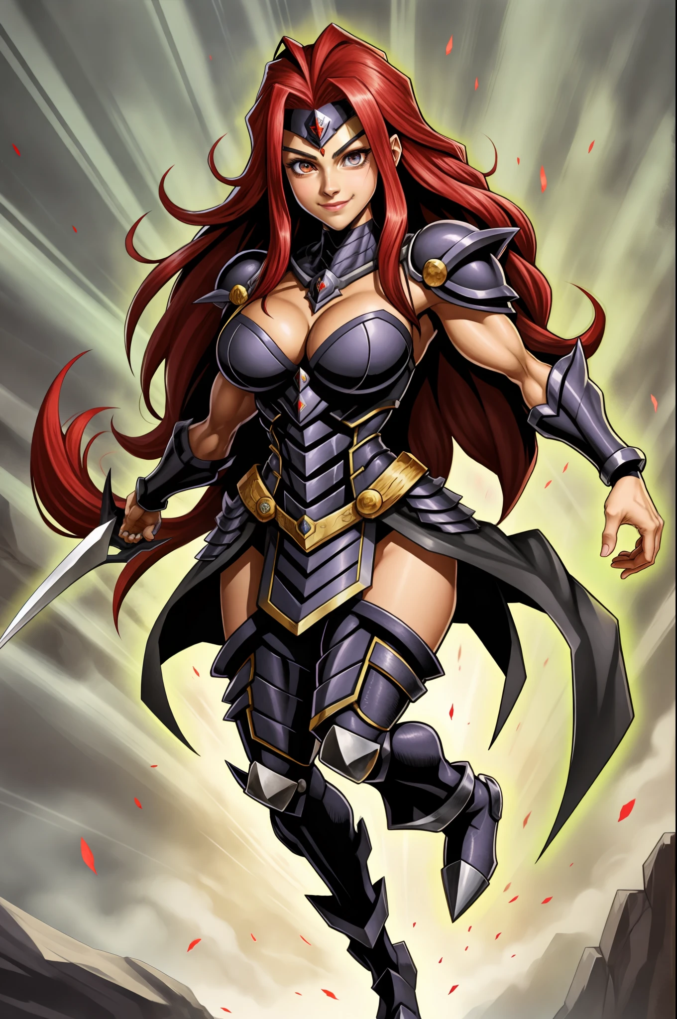 dark edgy; muscle female, knight, cape, superhero, , cute girl, big breast, smile, blush, full body, amazone long hair, red hair, divine, goddess