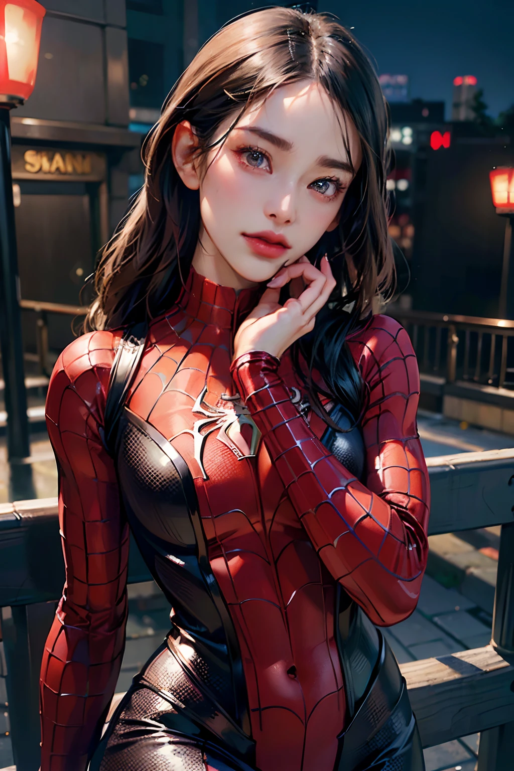 (absurdres,ultra highres,highly detailed), 1girl,mature female,(Japanese woman),(realistic:1.4),(Wear Female Spider-Man_cosplay_outfit:1.1), Sky front, nice hand,perfect anatomy,8k, (best qualtiy), head:1.3, finelydetailedskin, tack sharp focus,night,softlighting，dynamic angle,(highly detailed face:1.2)，(flat chest:1.3),takeout，The clothes are white, black and red,(beautiful detailed eyes),large iris,(brown eyes),straight eyebrows,droopy eyes,thick eyebrows,low eyebrows,(thick lips:1.2),(parted lips:1.2),(glossy lips),(lipstick),(muscular:1.25),(tall body:1.1),((curvy hips)),(round hips)),(slender),((wide forehead)),((pulled back hair)),braid,(black medium hair),(pale skin)